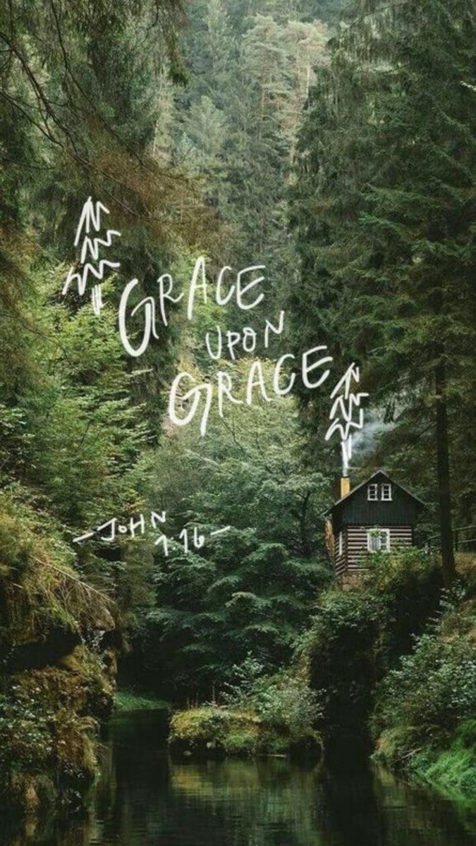 Experience the beauty of nature intertwined with divine grace. This serene wallpaper featuring John 1:16, 'Grace upon grace, ' brings peace and inspiration to your day. Perfect for your home or digital space