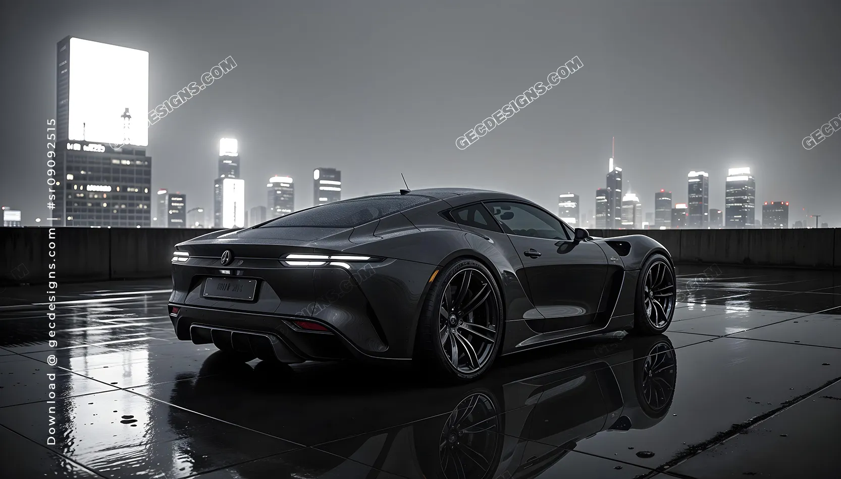 Modern Black Supercar Desktop Wallpaper with City Skyline Reflections