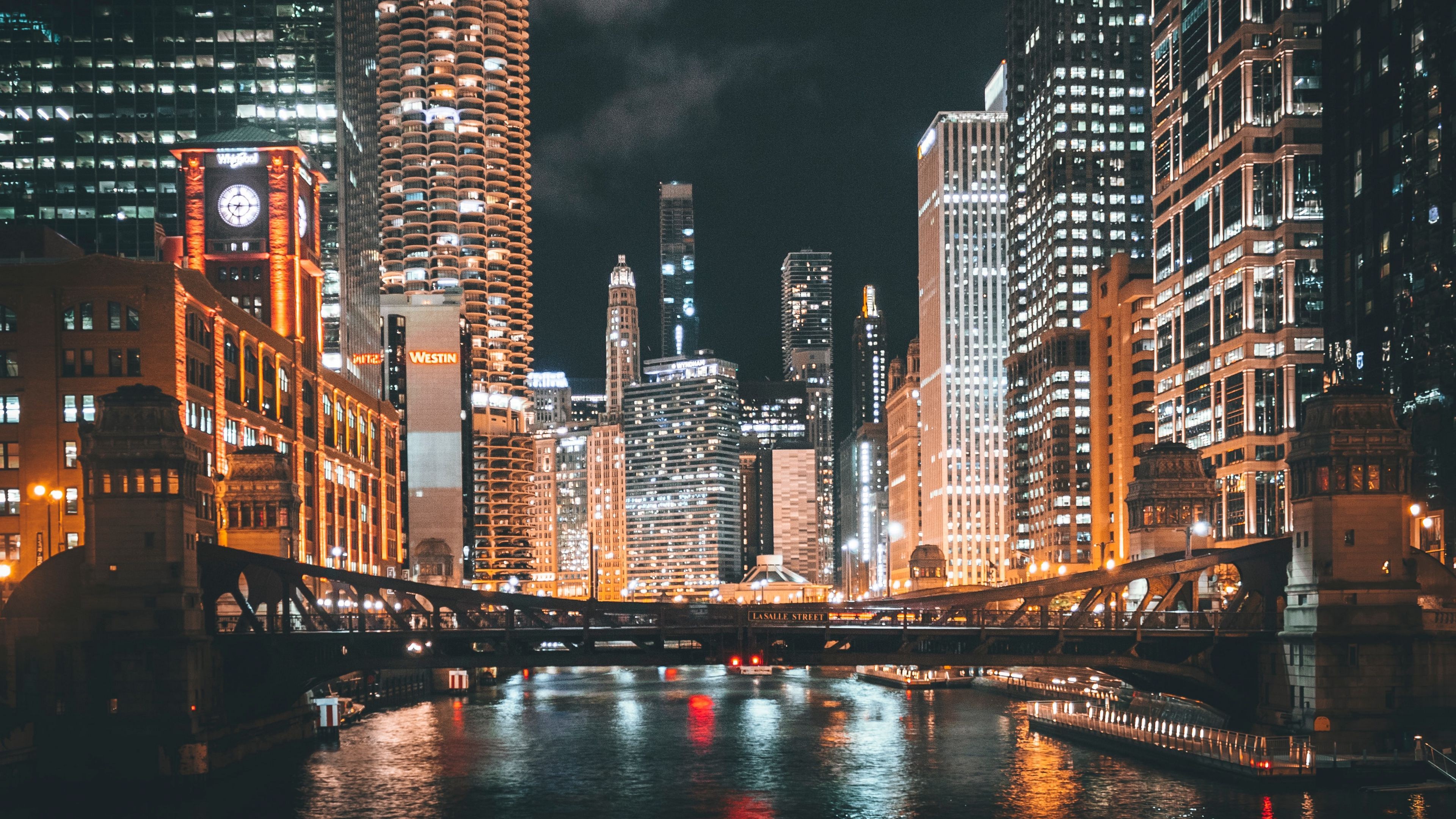 Night City Bridge River Lights 4K HD Wallpaper