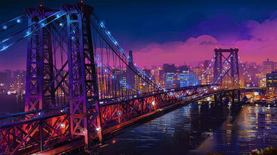 Night City Bridge Buildings Cityscape Scenery 4K Wallpaper iPhone HD Phone i