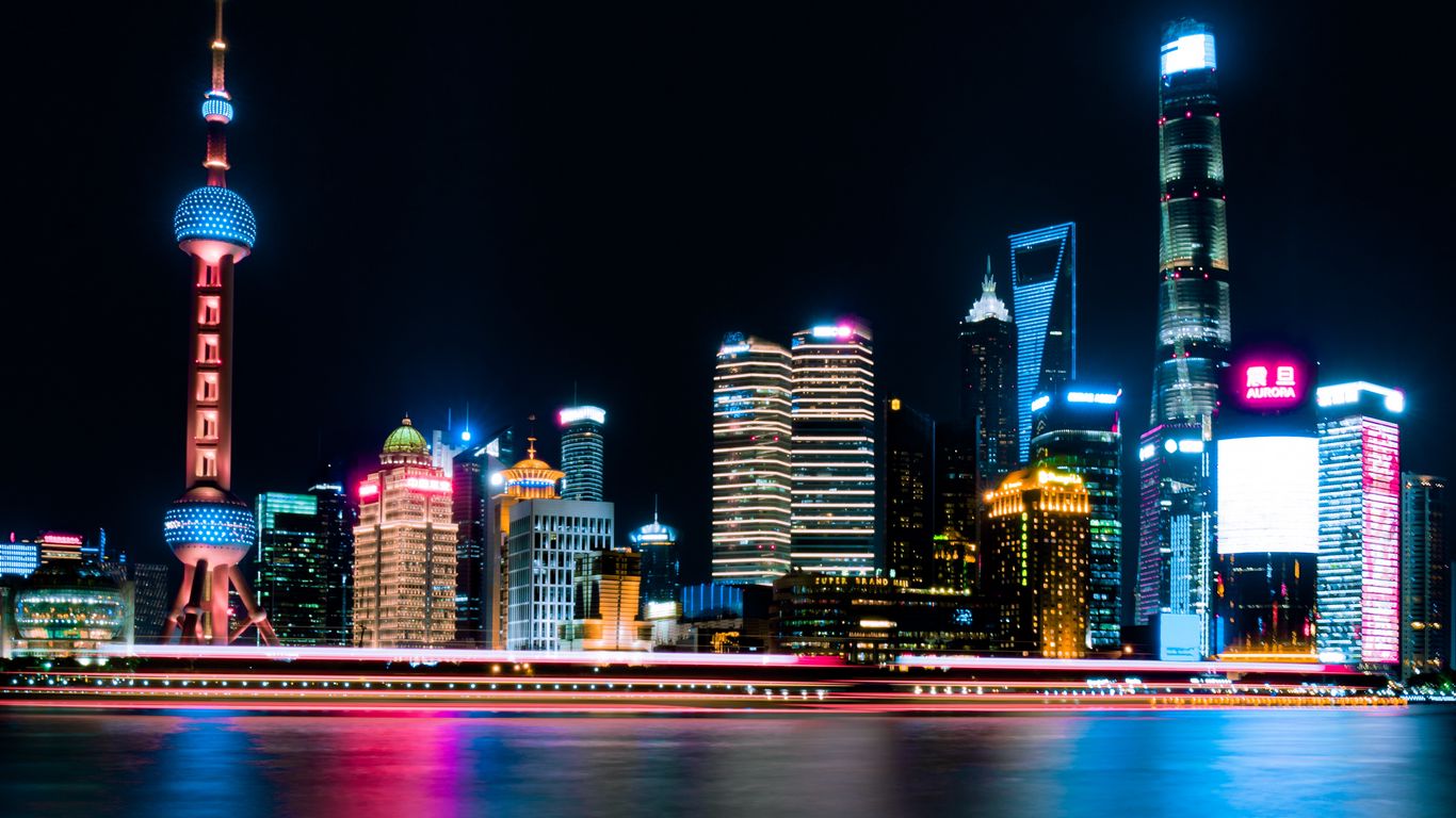 Download wallpaper 1366x768 night city, city lights, panorama, shanghai, china tablet, laptop HD background