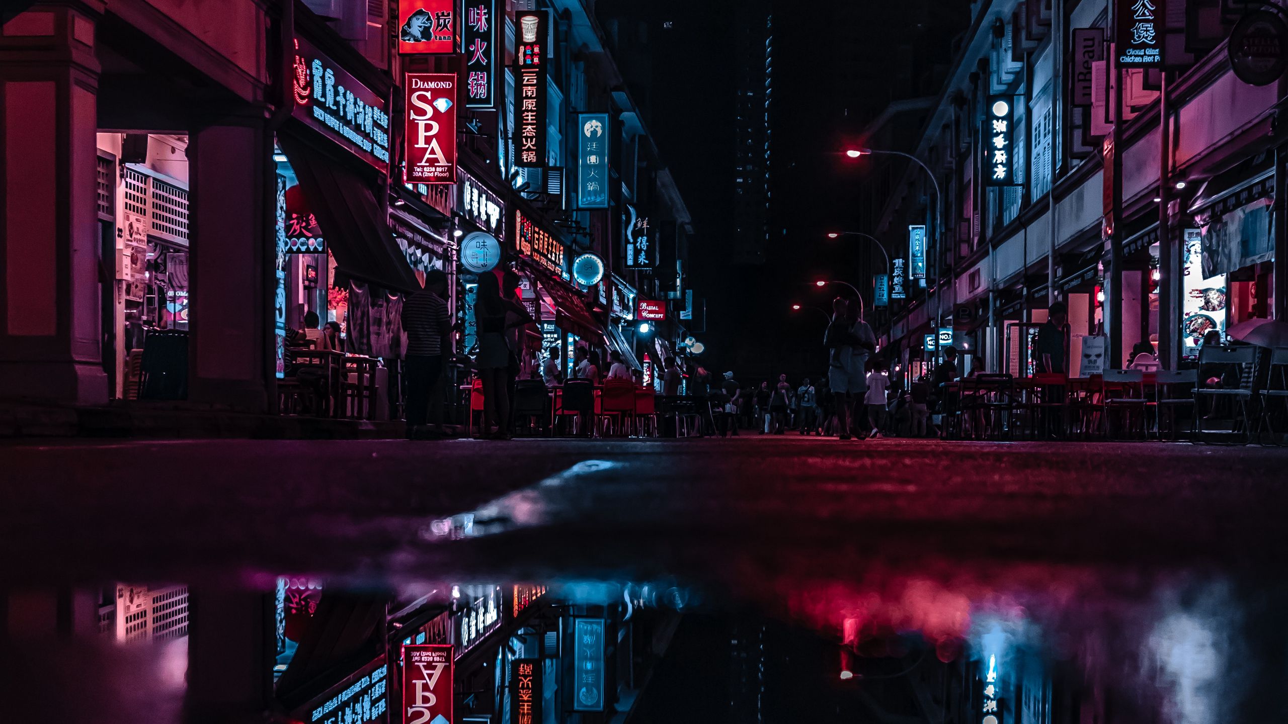 Download wallpaper 2560x1440 night city, street, city lights, reflection widescreen 16:9 HD background