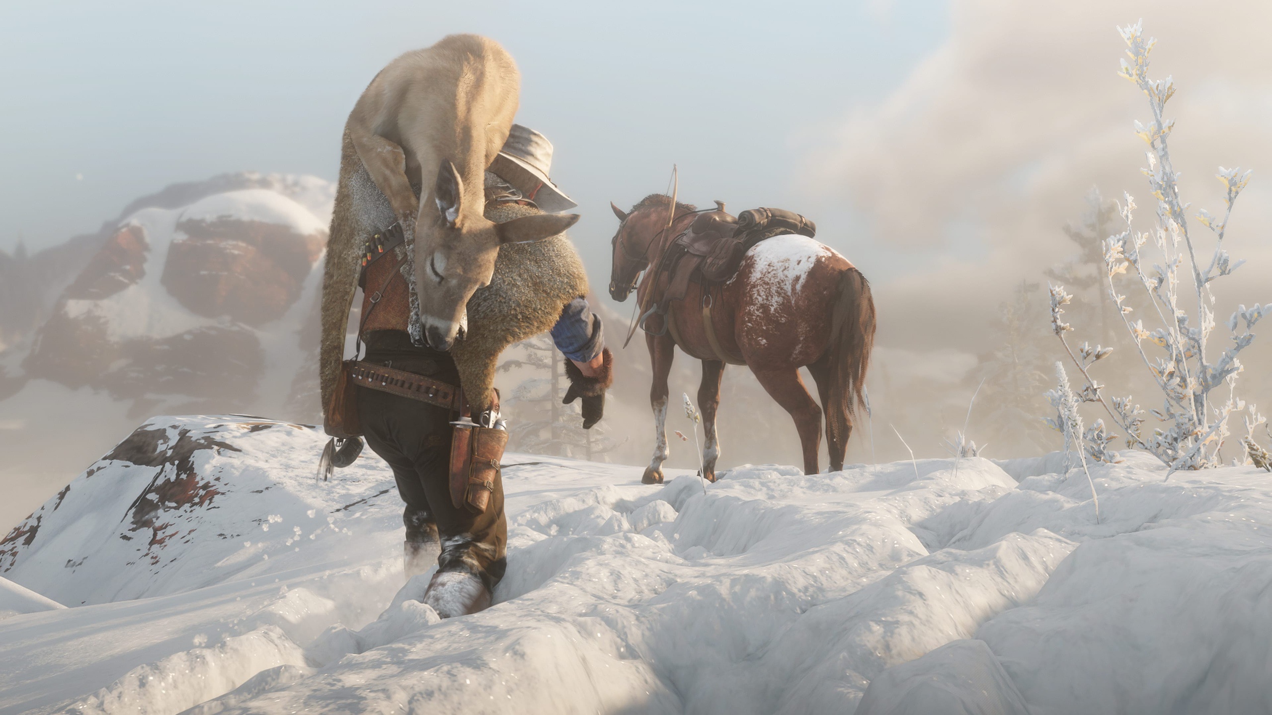 Wallpaper snow, traces, horse, hat, the bandits, Rockstar, Red Dead Redemption 2 for mobile and desktop, section игры, resolution 2560x1440