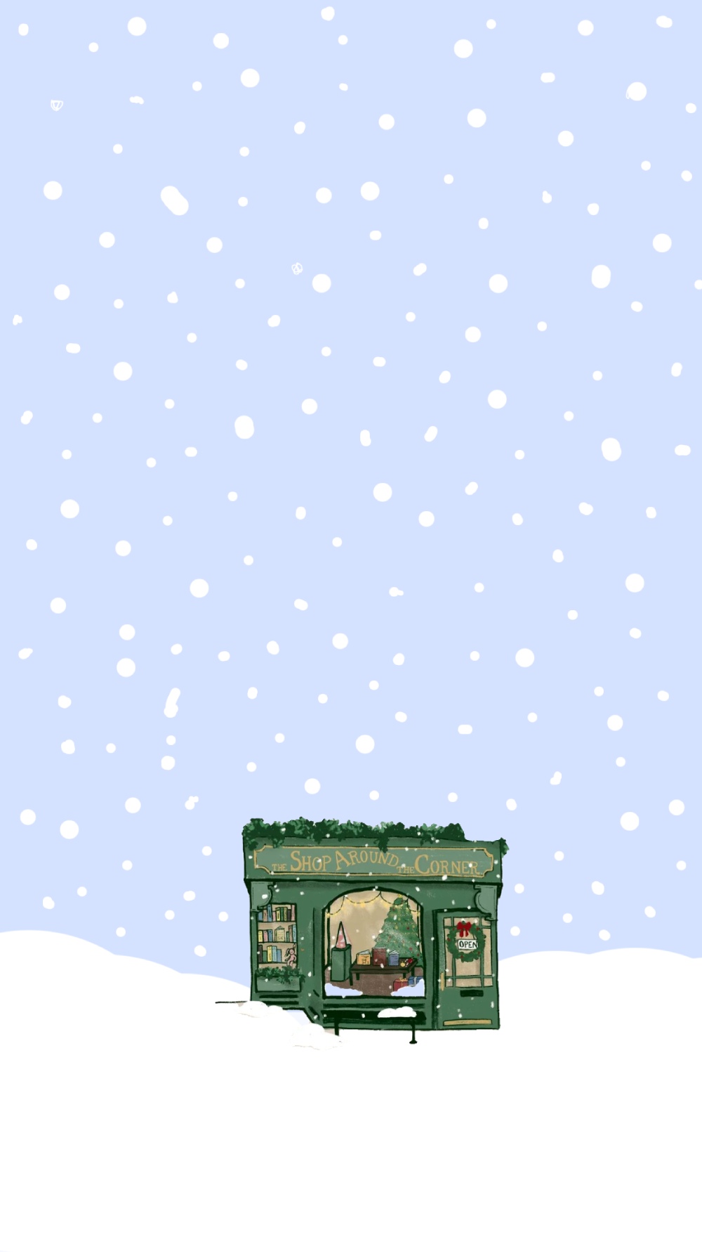 Minimalist Christmas Phone Wallpaper, Snowy Christmas Shop Aesthetic Background
