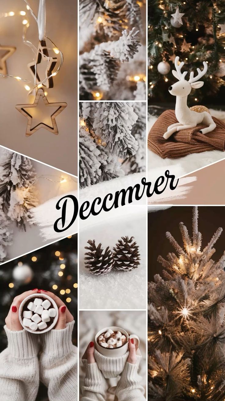 Cozy December Collage Wallpaper: Frosted Pine, Plush Reindeer, and Festive Christmas Vibes