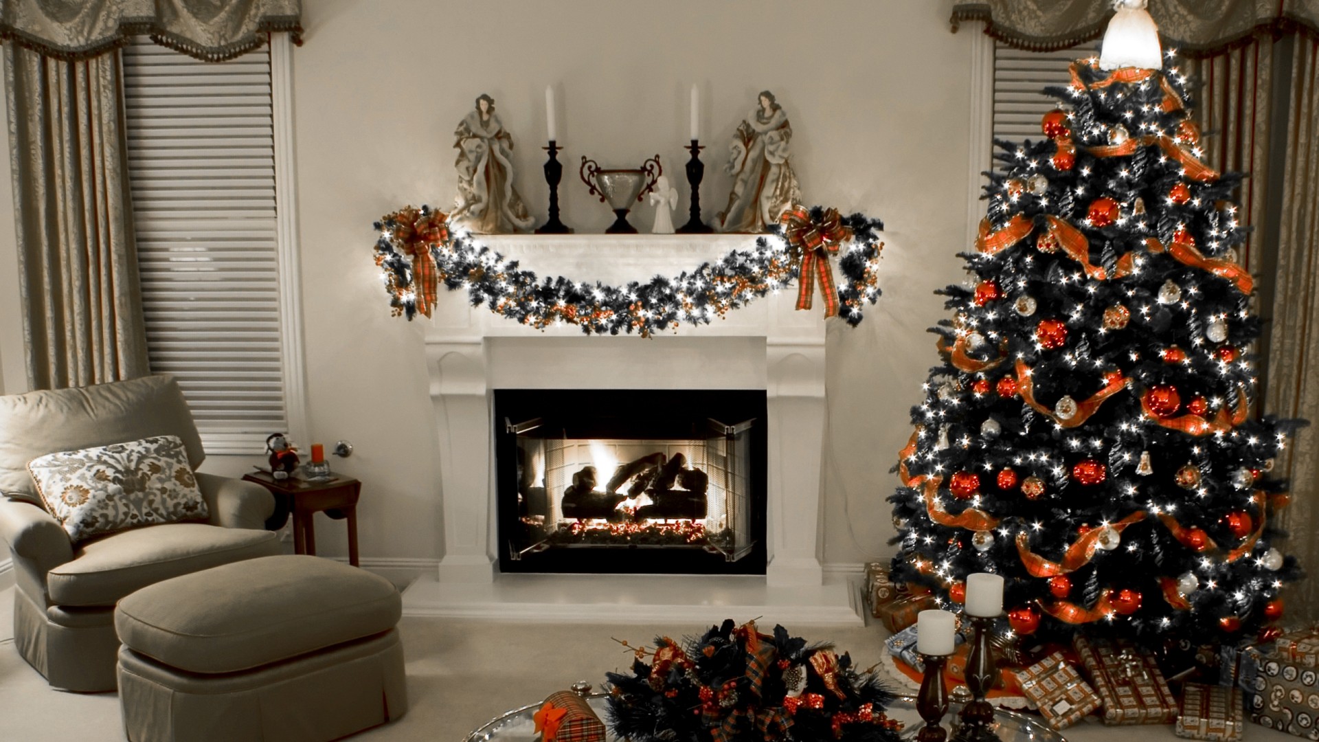 Decorated Christmas Fireplace and Tree 1920x1080 (1080p)