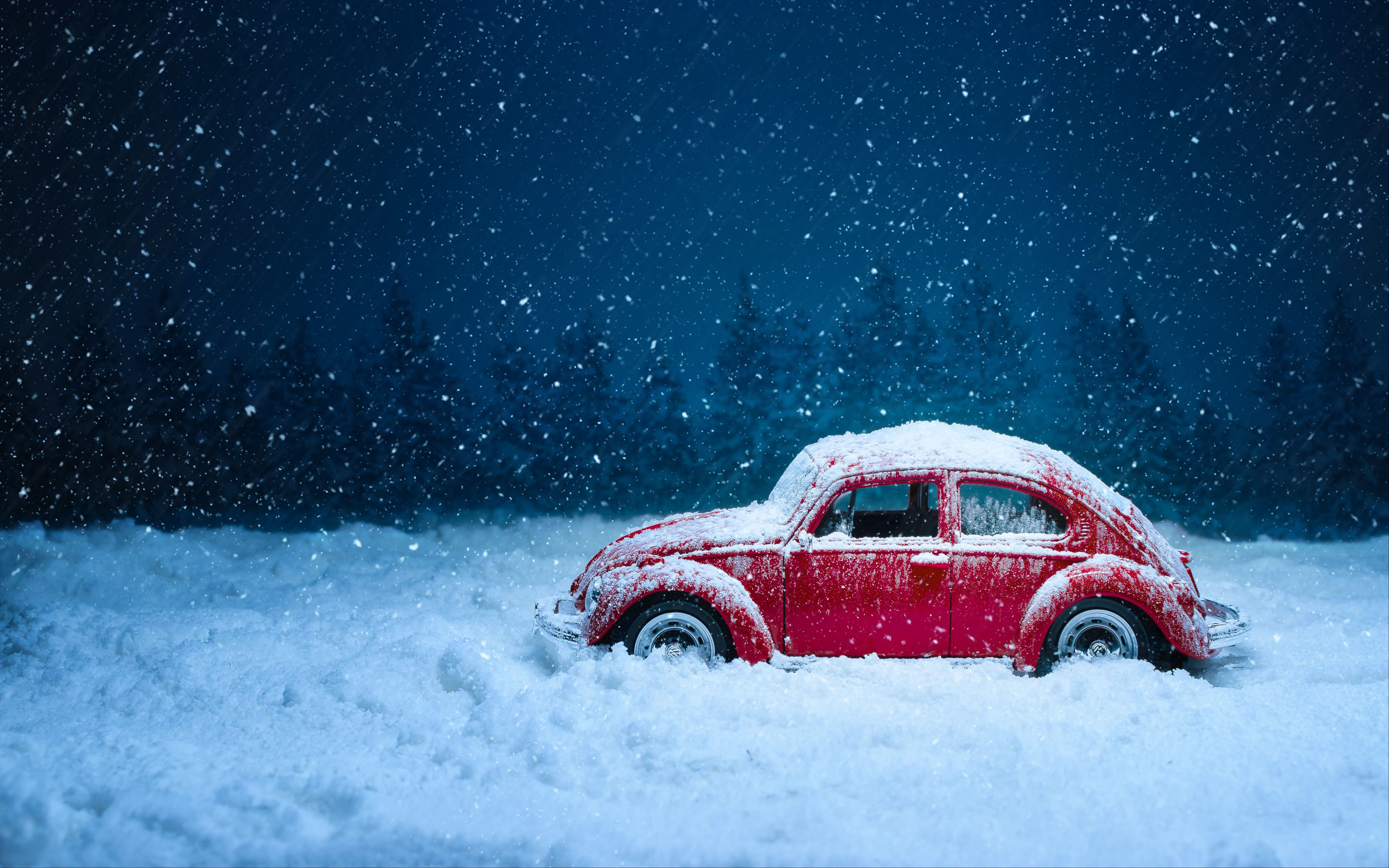 Download wallpaper 3840x2400 car, retro, winter, snow, snowfall, vintage, red, old 4k ultra HD 16:10 HD background