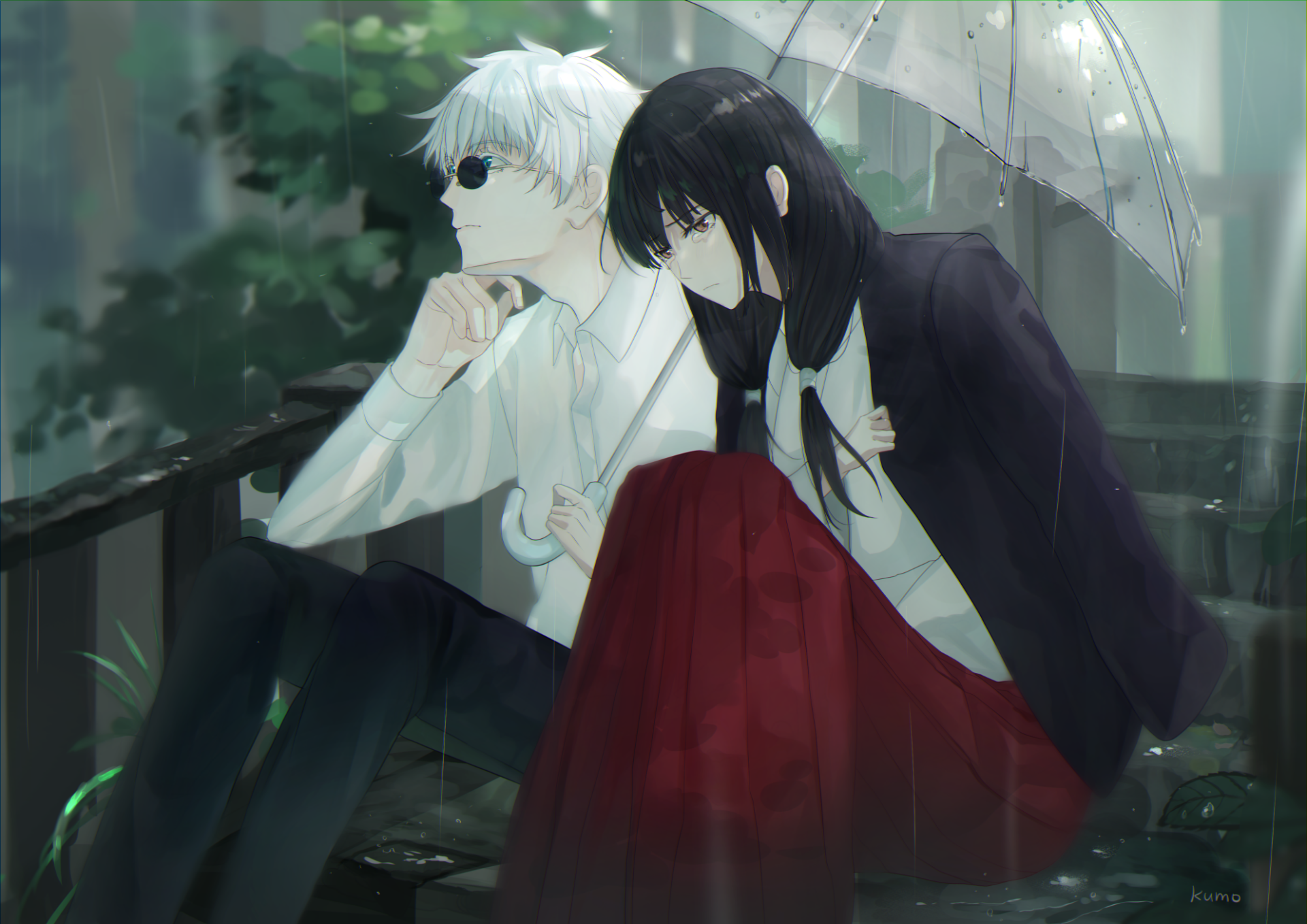 Jujutsu Kaisen HD Wallpaper: Utahime Iori and Satoru Gojo in Rainy Serenity
