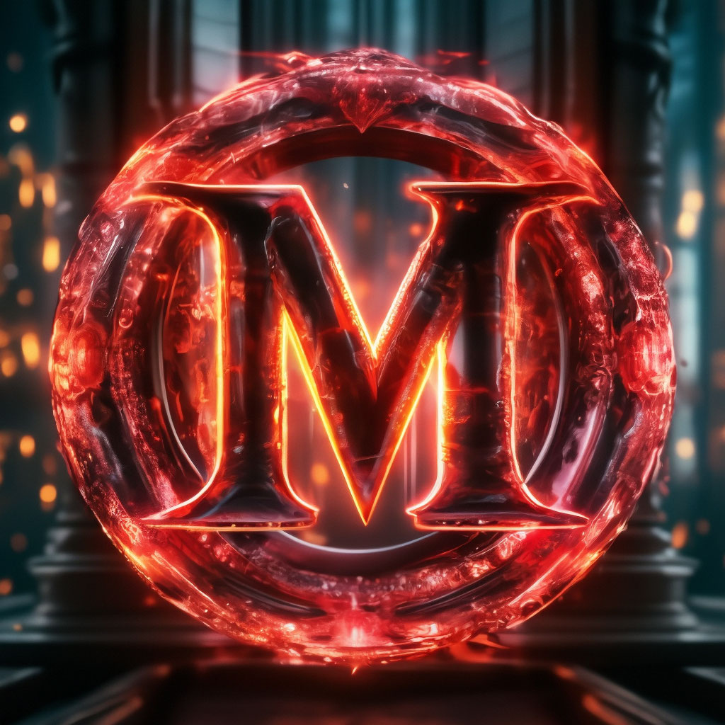 ⚜️Epic ghostly neon transparent letter M made of red flames and emerald