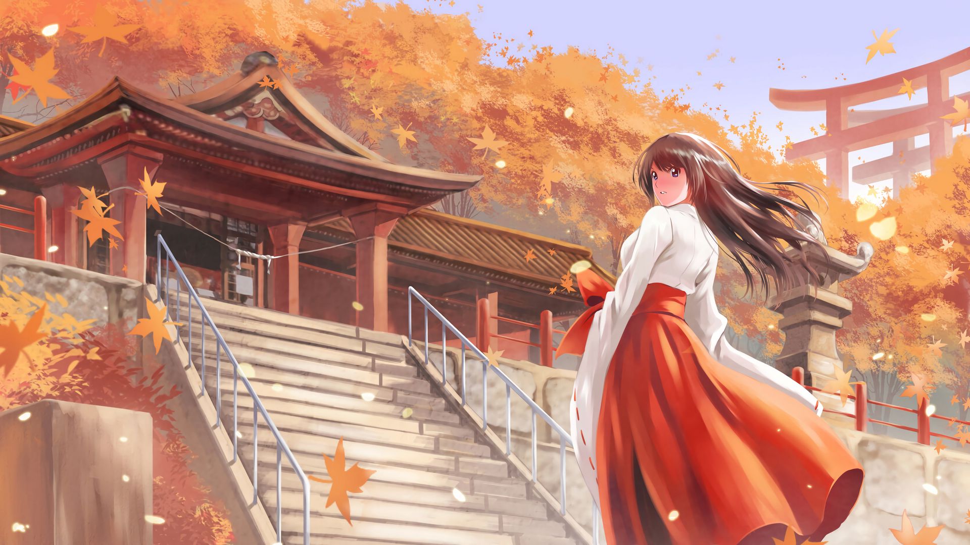Download wallpaper 1920x1080 girl, kimono, pagoda, autumn, anime, art full hd, hdtv, fhd, 1080p HD background