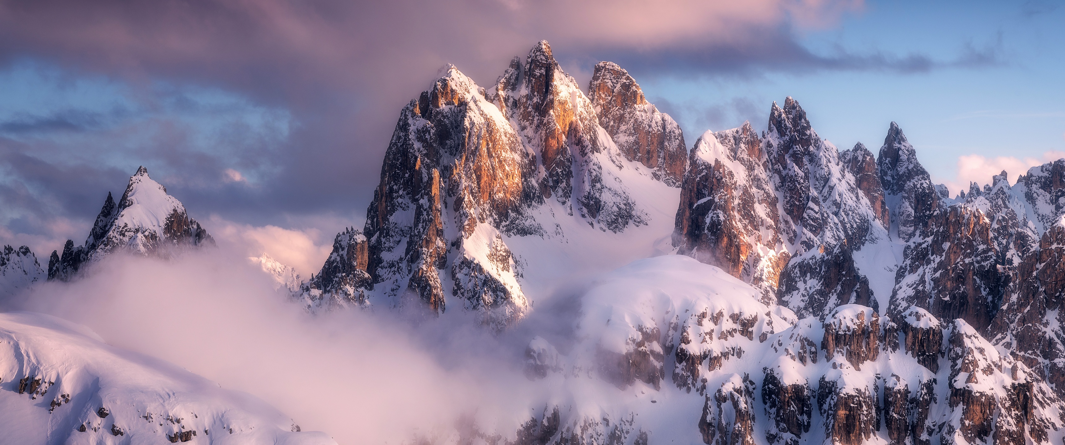 Mountain Peak Wallpaper 4K, Snow, Winter, Clouds, 5K, 8K