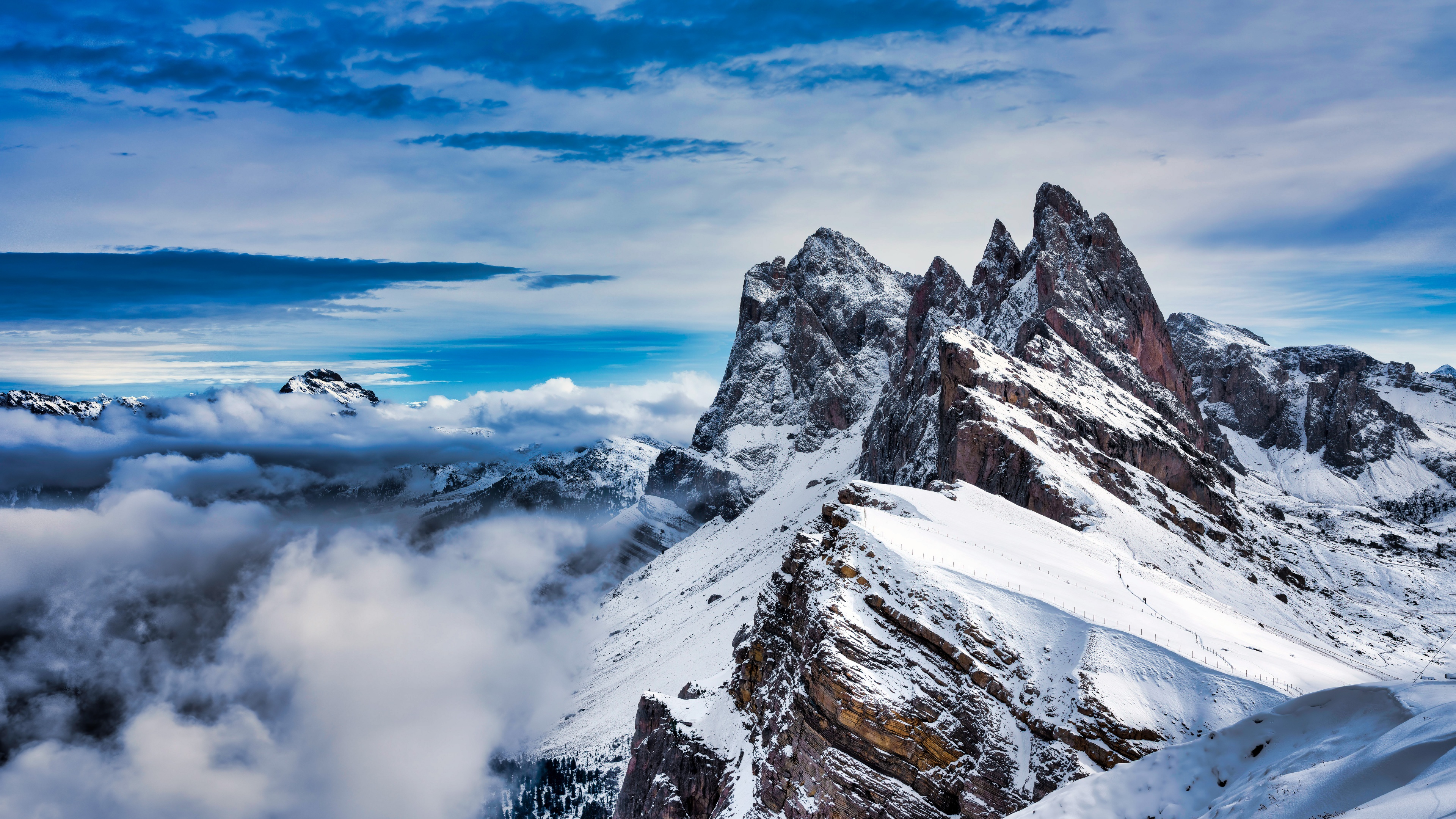 Seceda Mountain Wallpaper 4K, Winter, Peak, Alps mountains