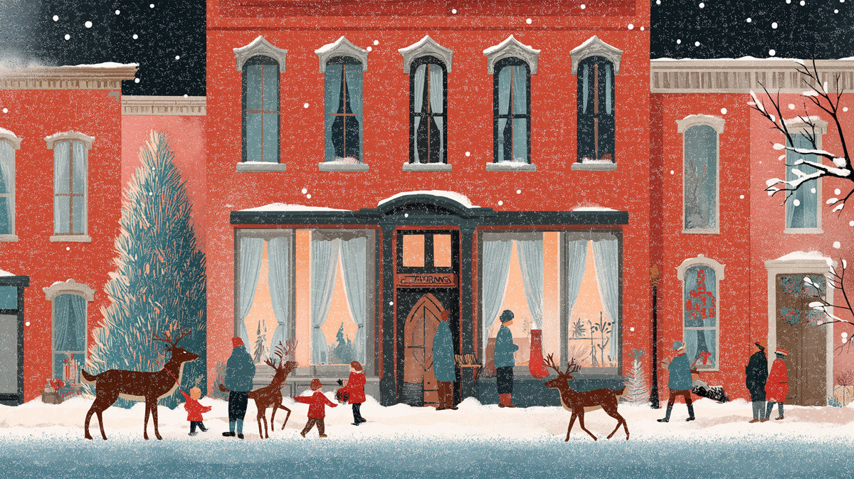 Cozy Christmas Night Street Wallpaper. Festive Town with Snow & Deer