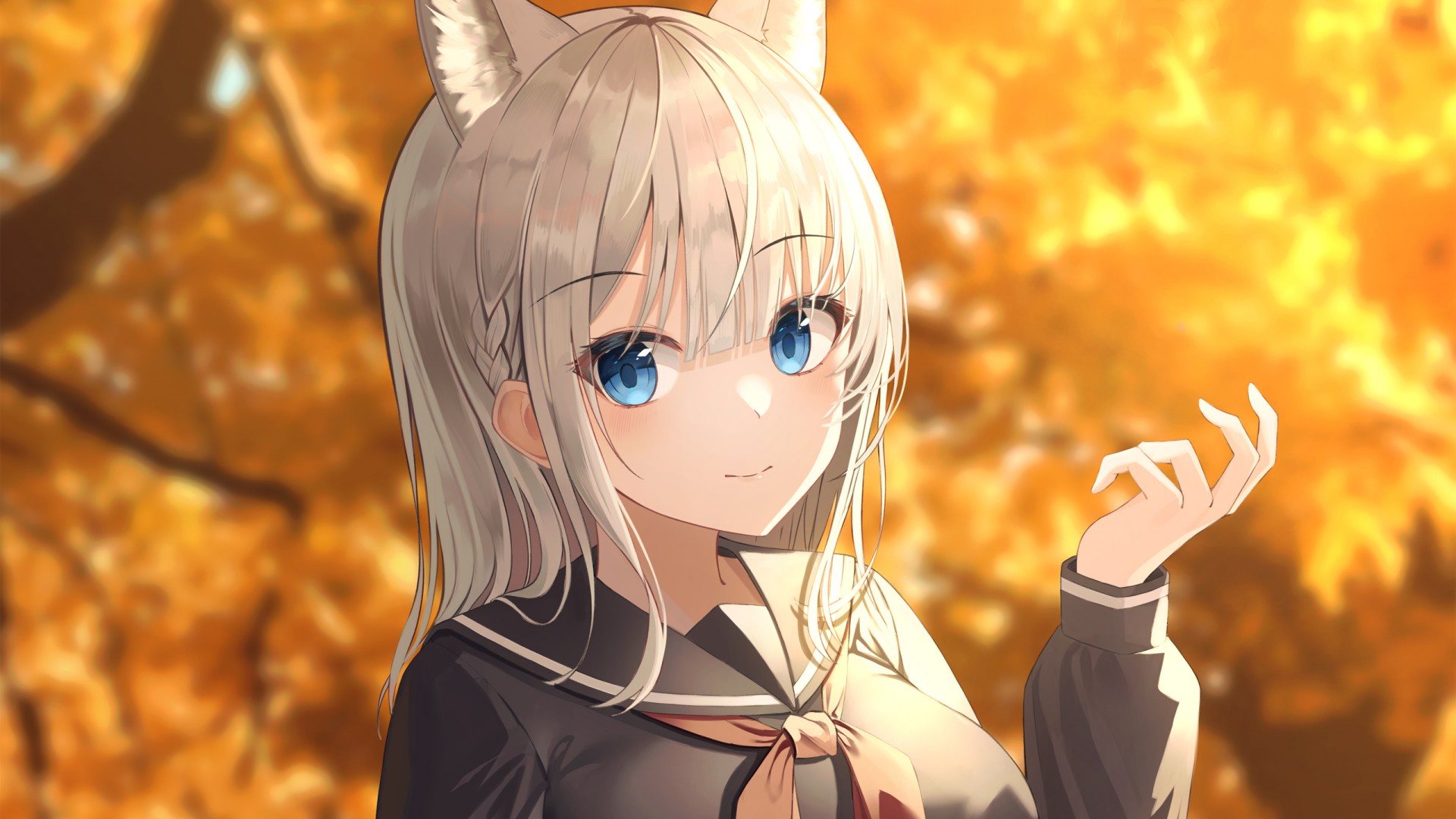 Horn Ears Anime Girl Blue Eyes Autumn Leaves Background HD Anime Girl Wallpaper