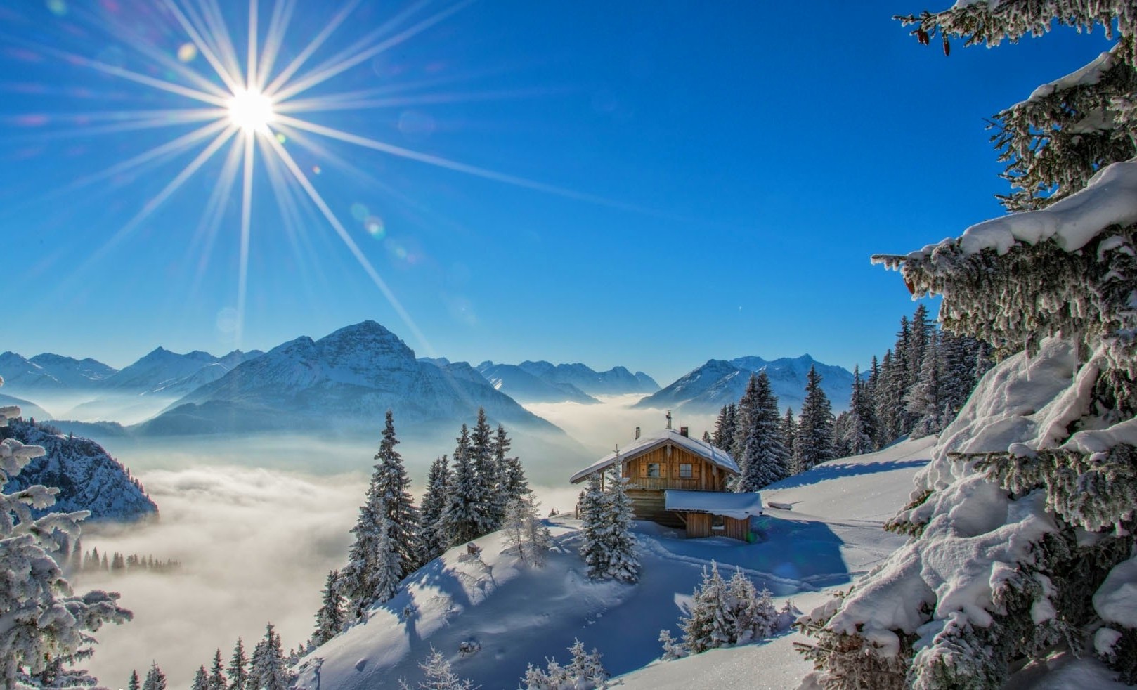 winter, Sun Rays, Cottage, Snow, Mountain, Forest, Snowy Peak, Blue, Landscape, Nature Wallpaper HD / Desktop and Mobile Background
