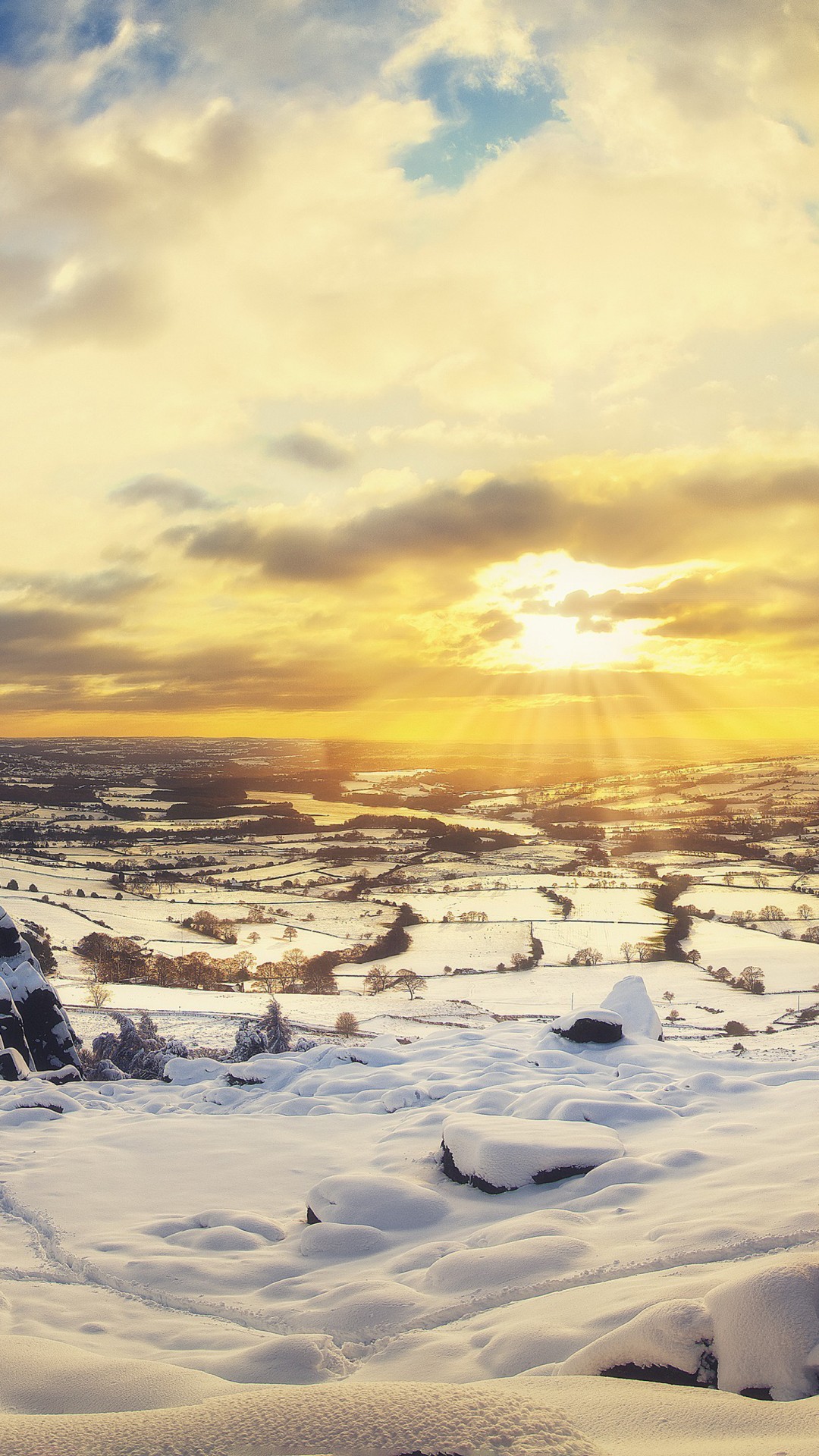 Snow Covered Stones Trees Land Under White Clouds Blue Sky Winter Background 4K HD Winter Wallpaper
