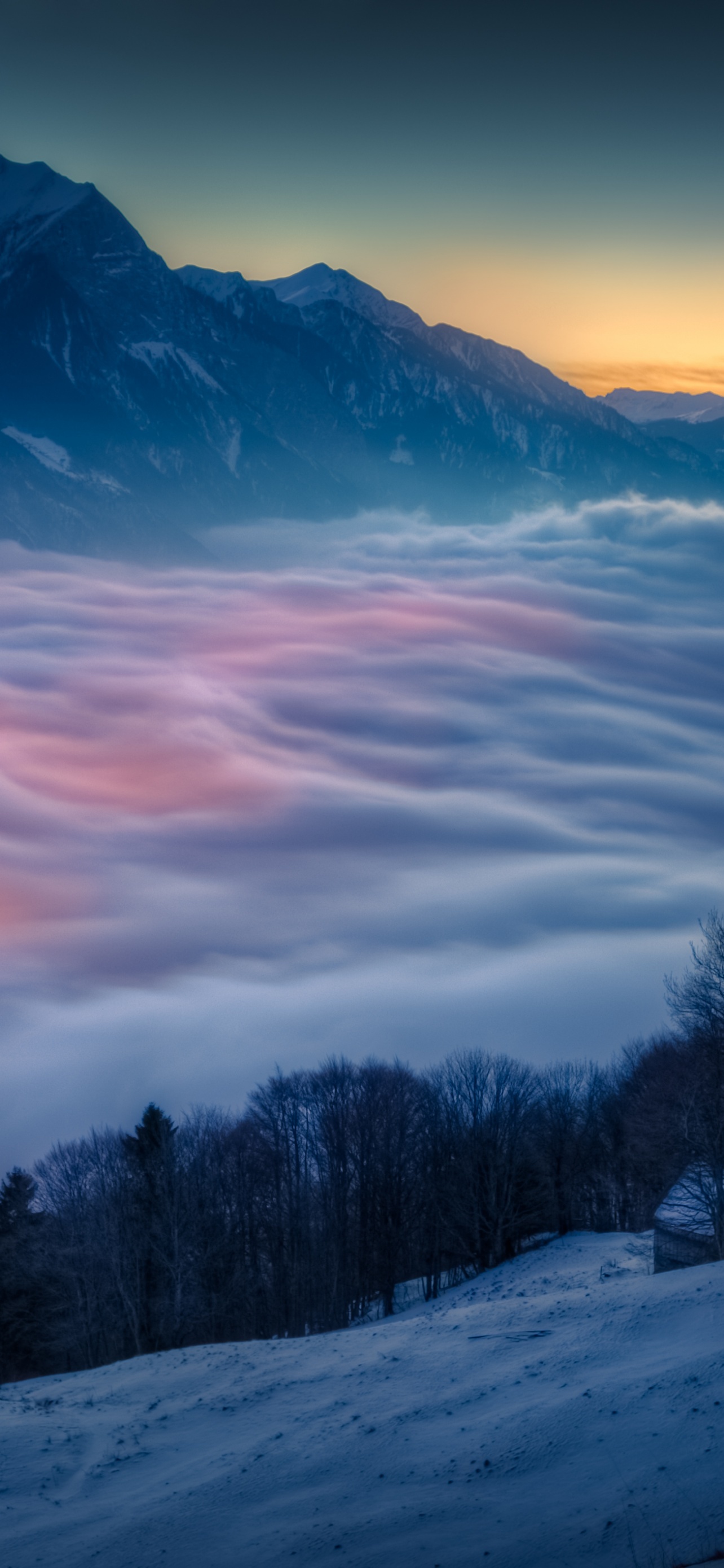 Above Clouds Mountains Peak Sunrise Moon Winter Cold Scenic