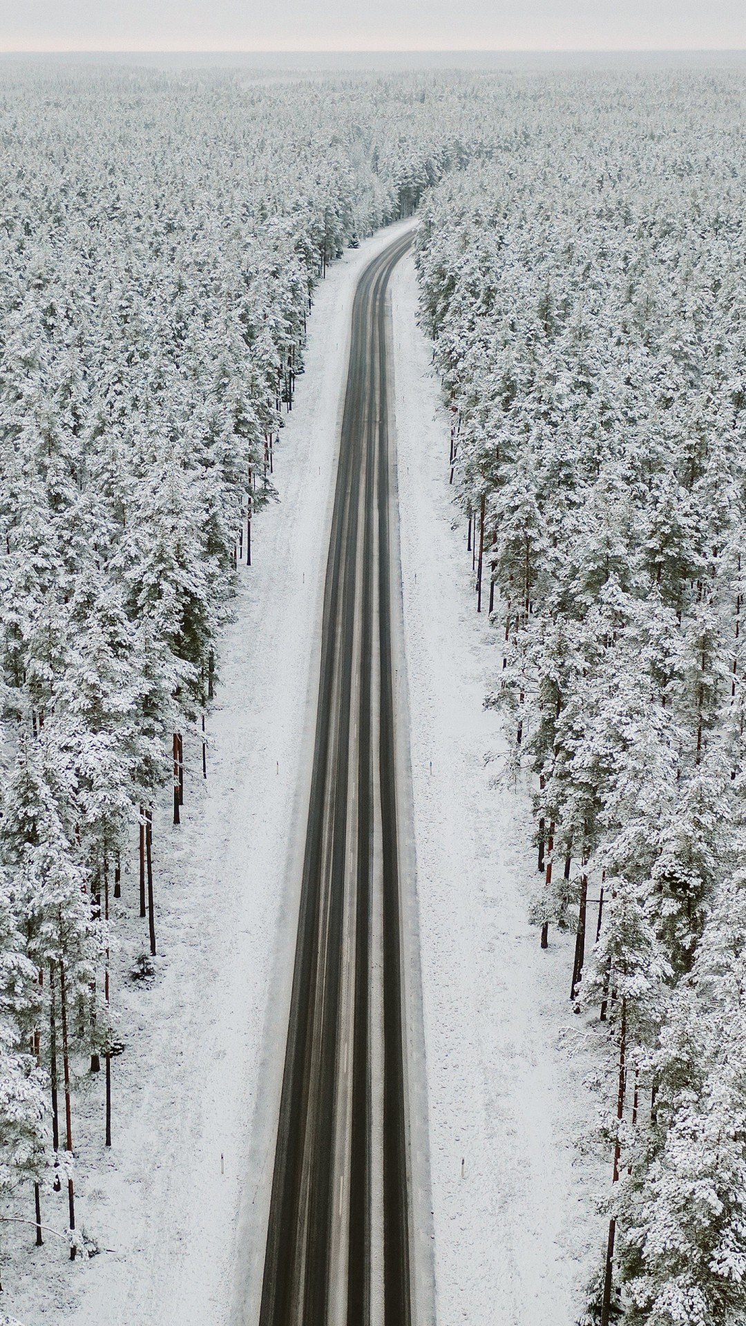 Aerial View Of Frozen Trees Forest Road With Snow Winter Scenery 4K 5K HD Winter Wallpaper