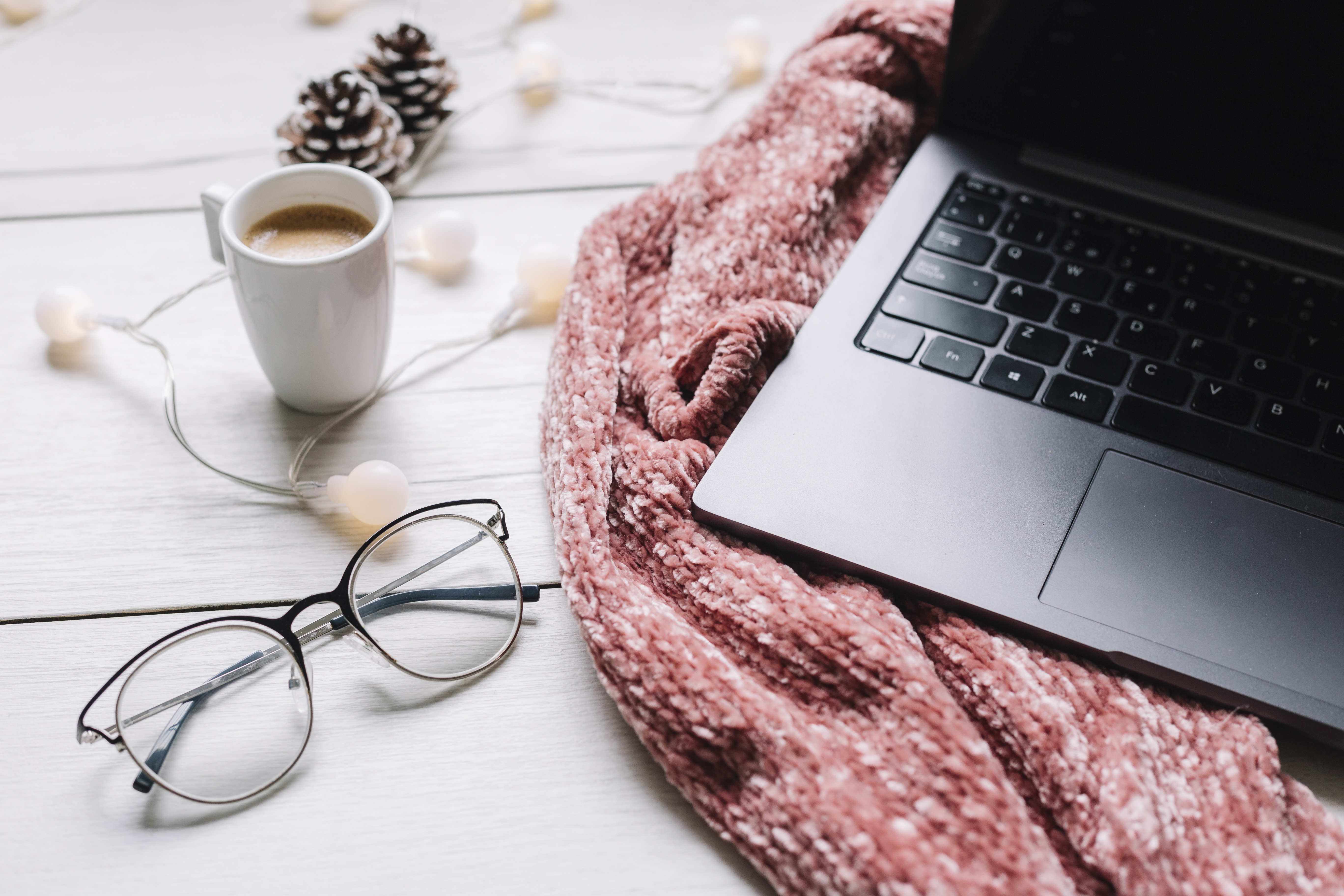 Wallpaper winter, scarf, glasses, laptop, winter, cup, coffee, glasses for mobile and desktop, section стиль, resolution 5472x3648