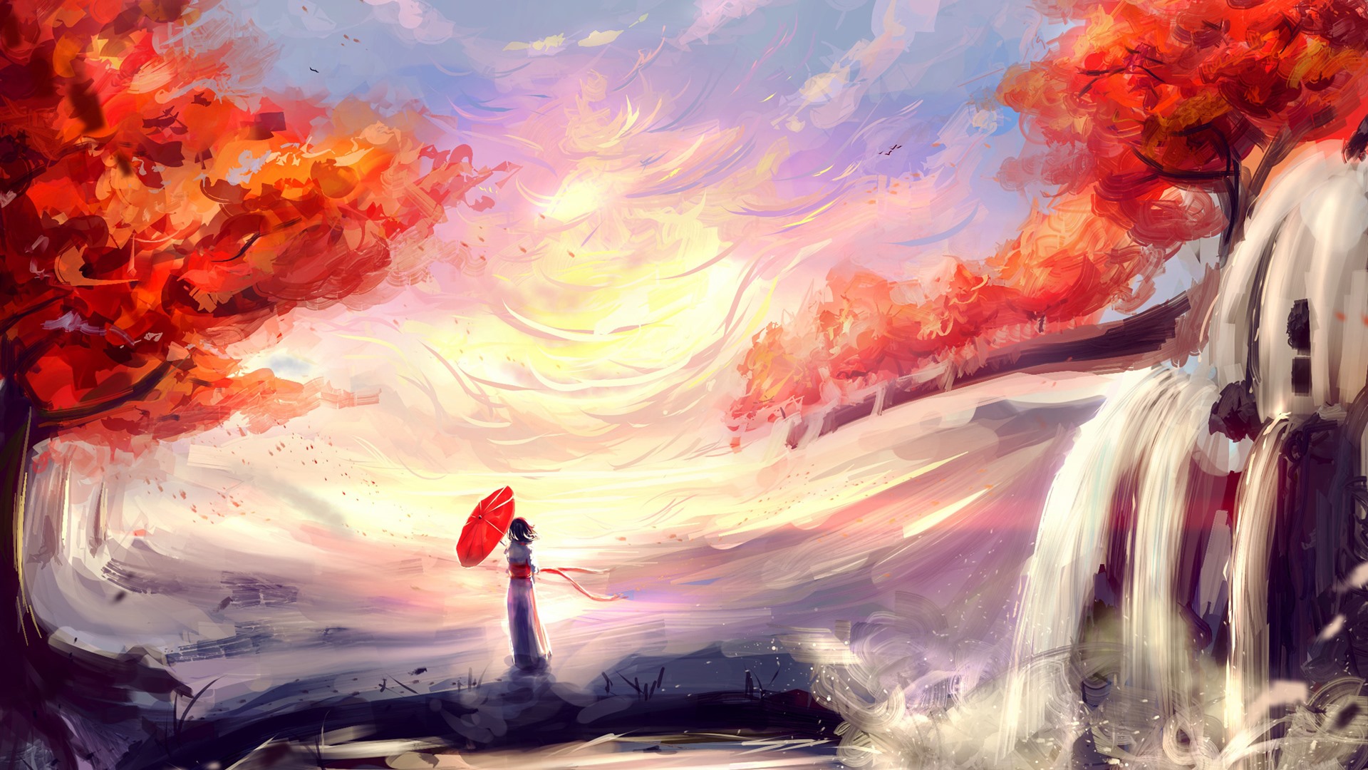 Wallpaper Anime girl, umbrella, waterfall, red leaves, autumn 2560x1600 Picture, Image