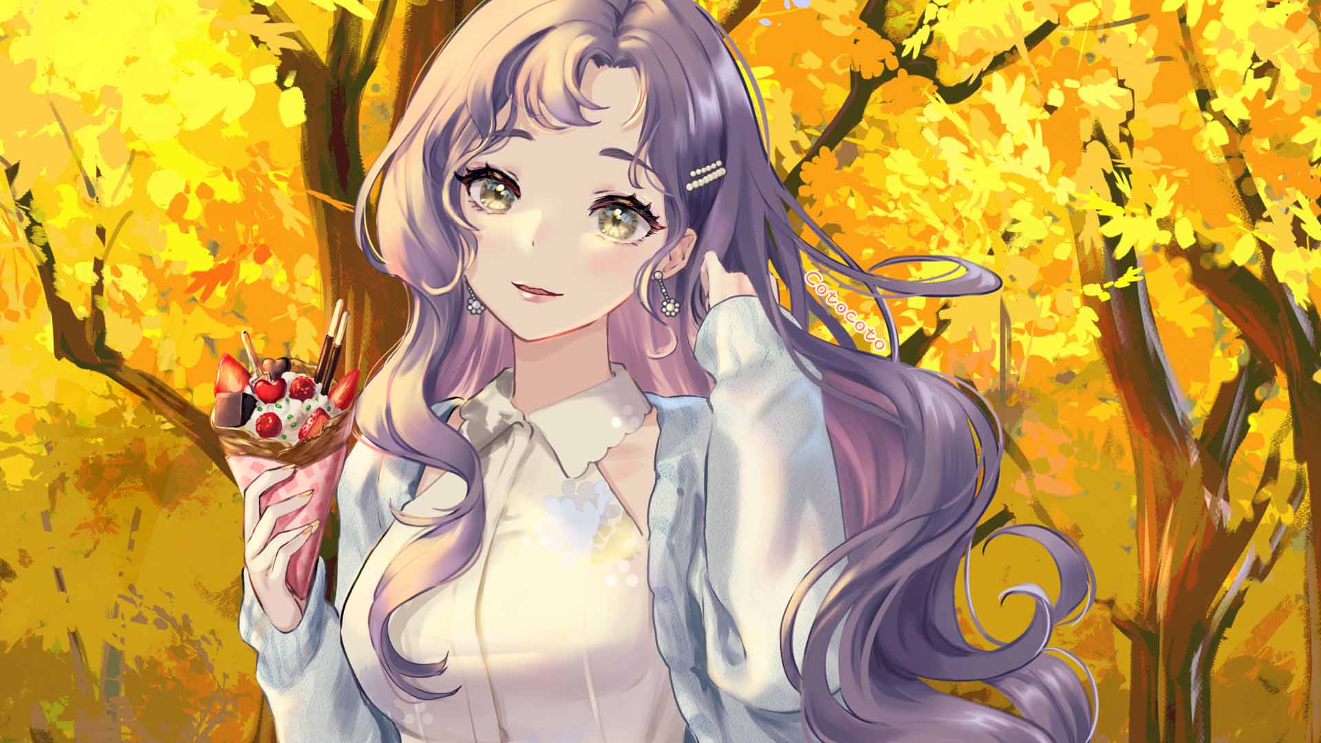 Green Eyes Long Hair Anime Girl In Yellow Autumn Leaves Trees Background HD Anime Girl Wallpaper