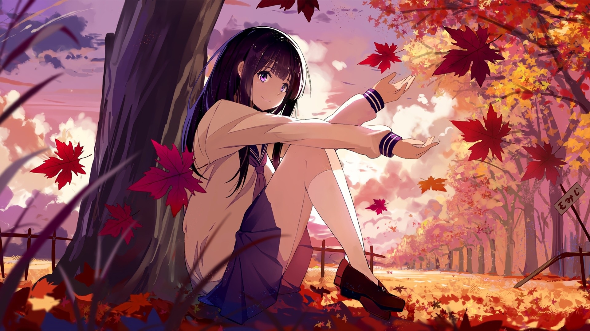 Wallpaper autumn, schoolgirl, maple, falling leaves, art, the trunk of the tree, Hyouk, sailor for mobile and desktop, section прочее, resolution 1920x1080