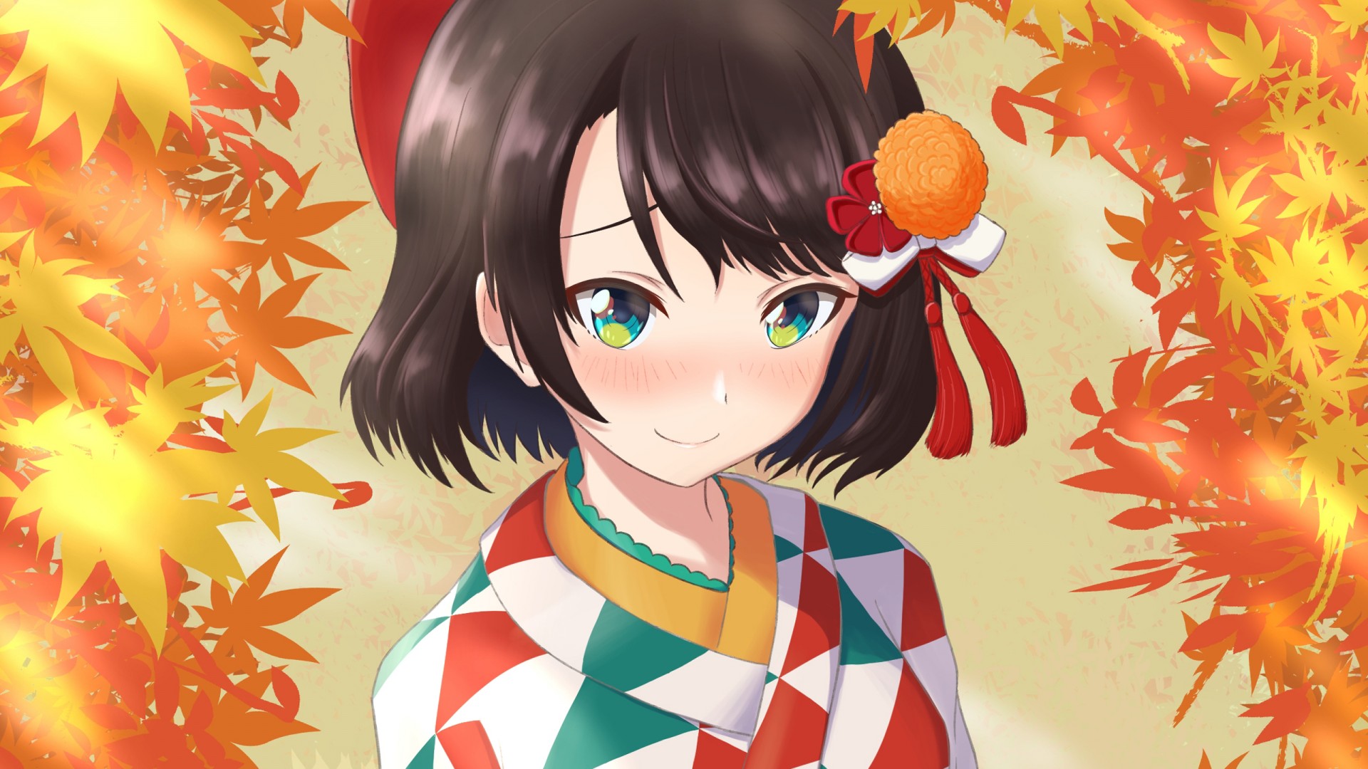 Anime Girl With Colorful Dress Red Yellow Autumn Leaves HD Anime Girl Wallpaper