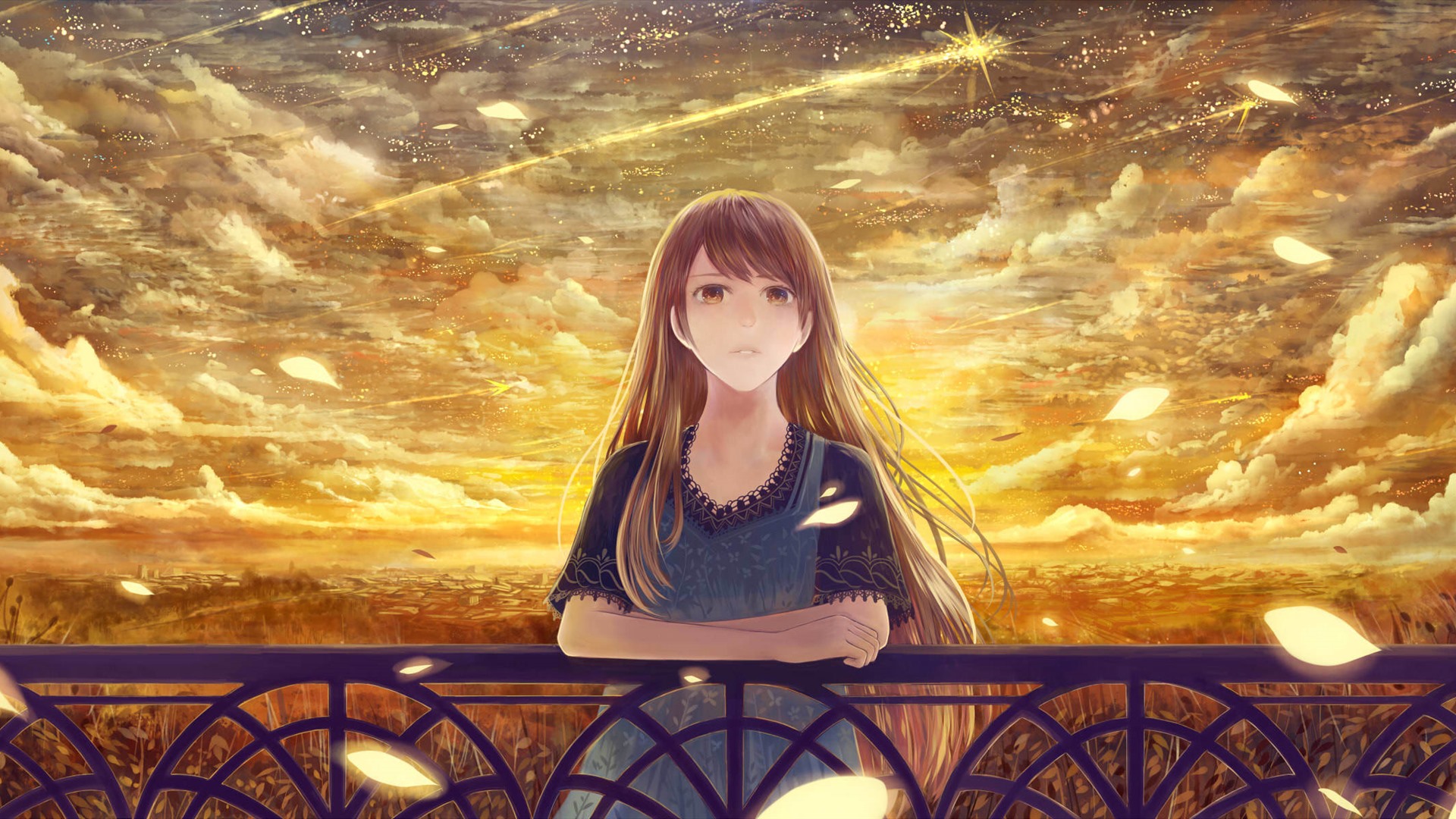 Wallpaper Long hair anime girl, sky, clouds, golden autumn 1920x1200 Picture, Image