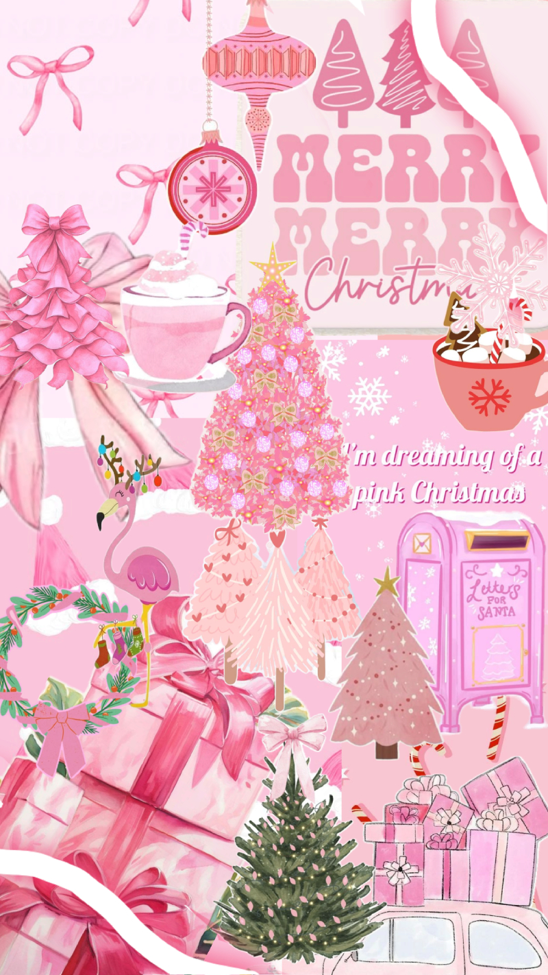 Whimsical Pink Christmas Tree Collage Wallpaper for iPhone