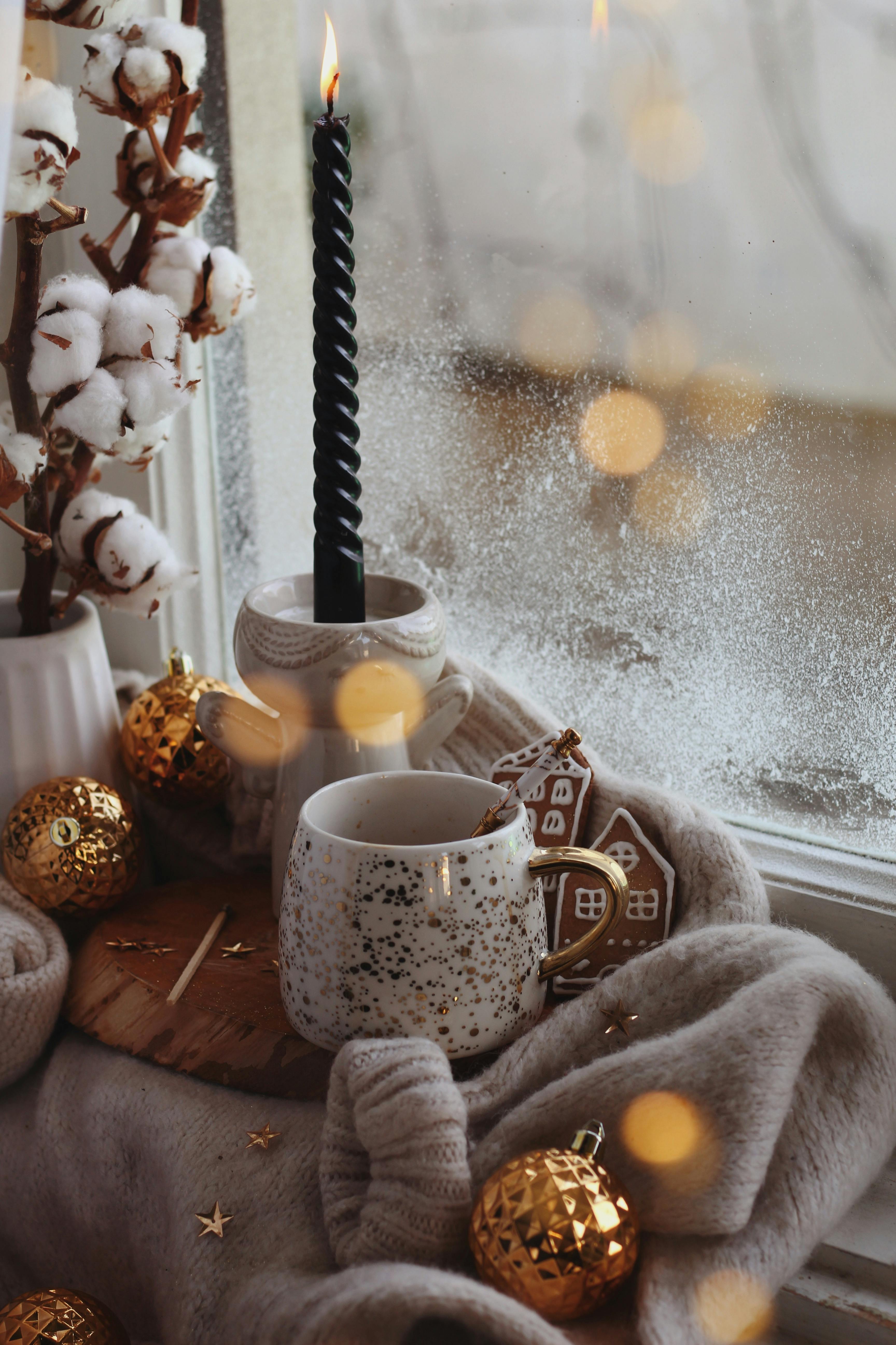 Winter Home Decor with Candle and Cotton Plant · Free