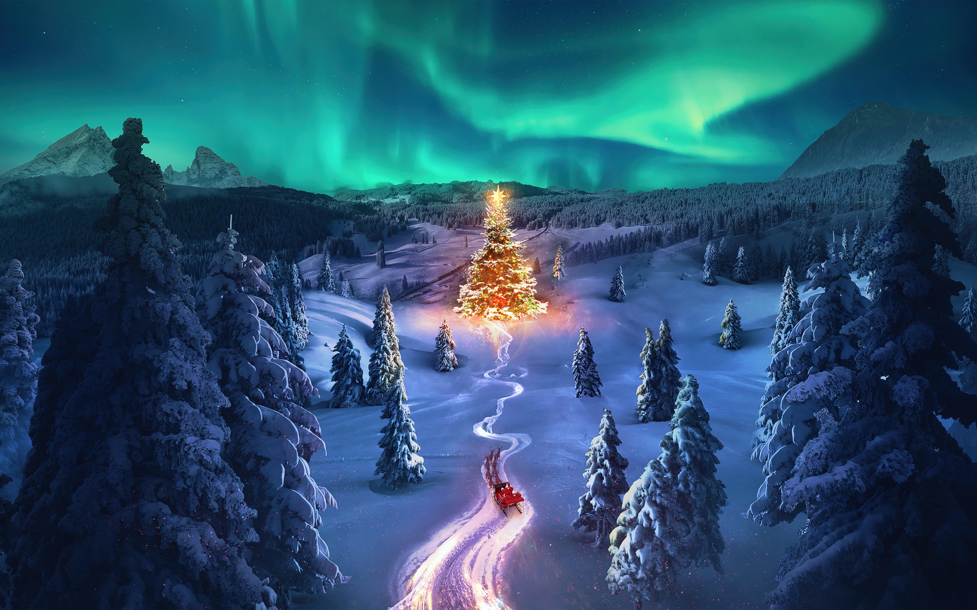 Christmas tree Wallpaper 4K, Aurora sky, Snowy Trees