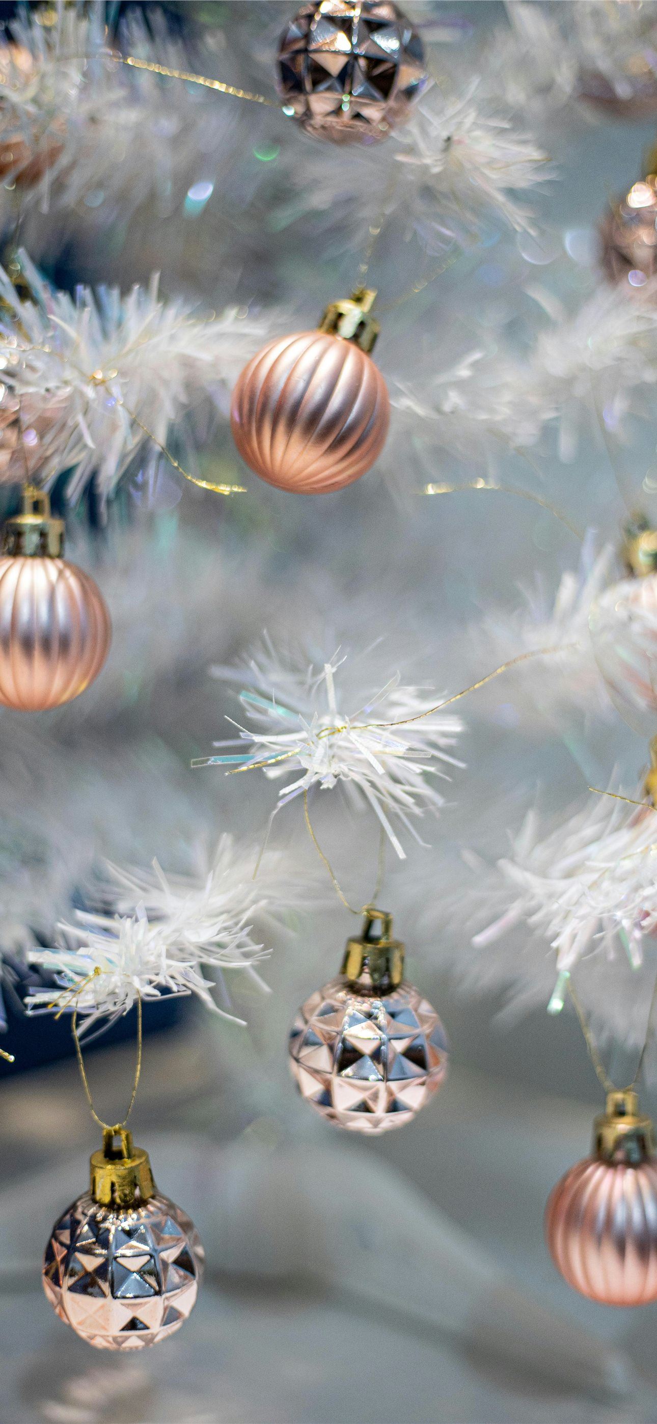 white and gold baubles on white christmas tree iPhone Wallpaper Free Download