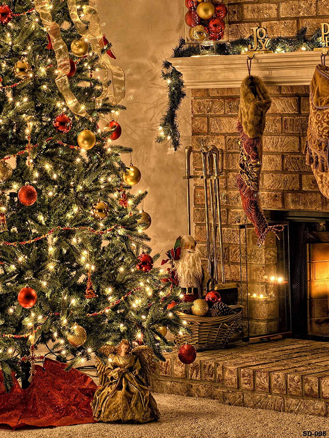 MOHome 5x7ft Christmas Photography Backdrop Christmas Tree and Fireplace Background