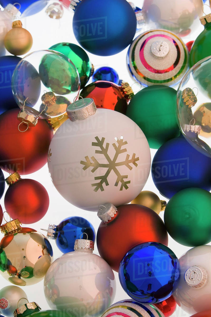 Variety Of Colorful Christmas Tree Ball Ornaments Piled On White Background Studio Portrait Free
