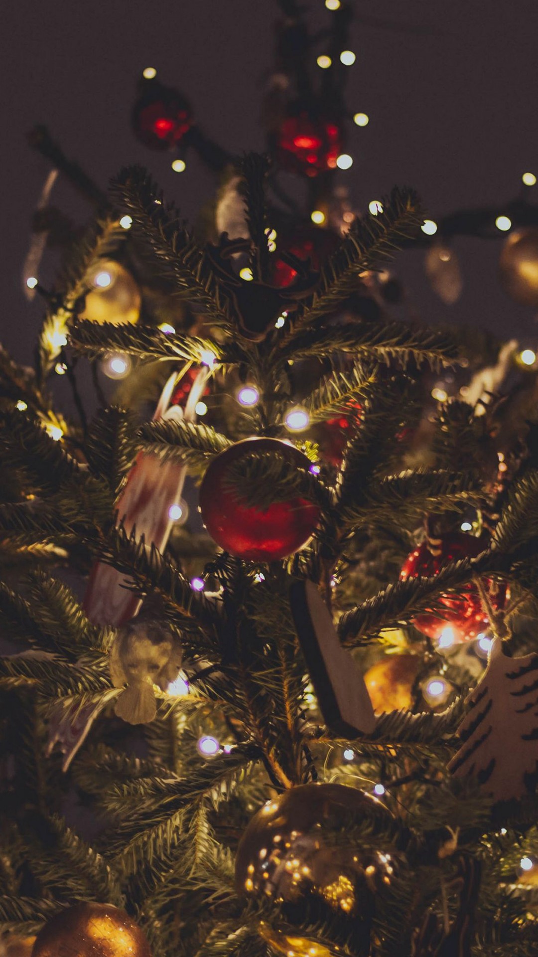 Decorated Spruce Christmas Tree Red Balls Lights During Nighttime 4K HD Christmas Wallpaper