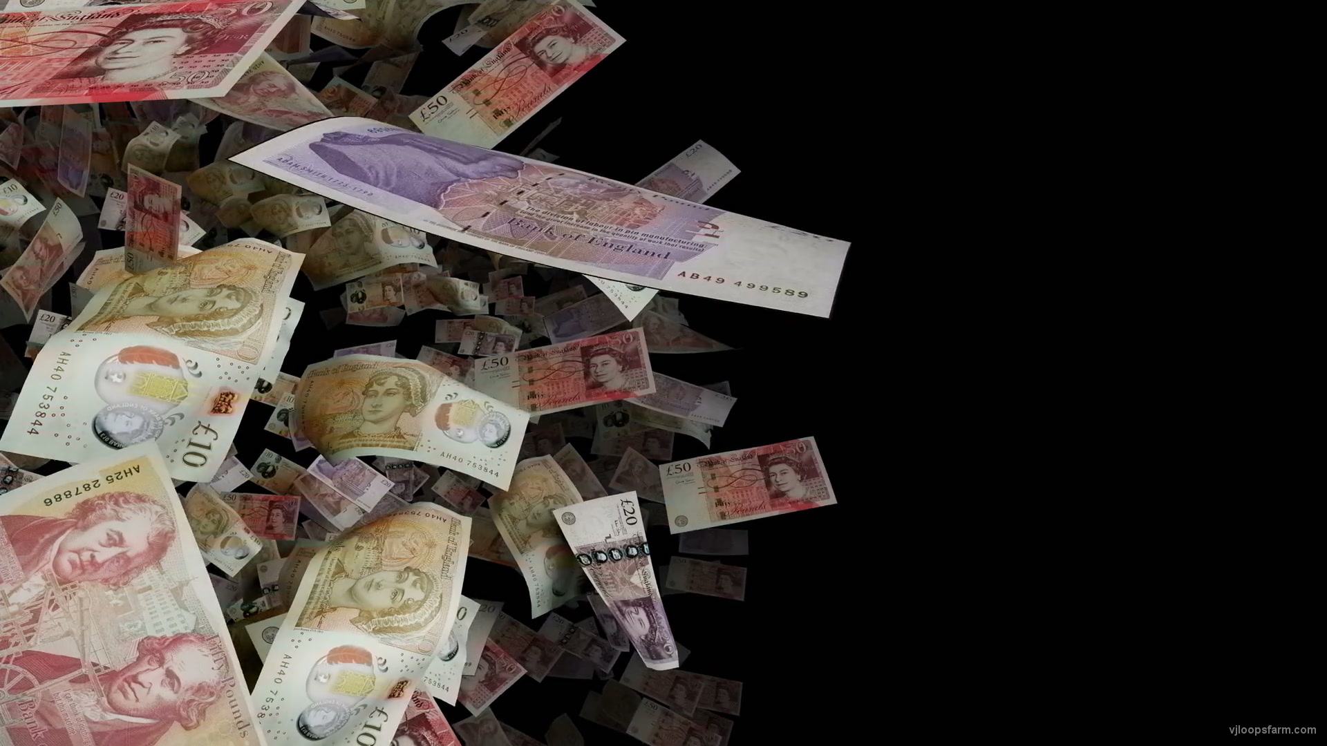 British pounds paper bills rotating in space on black background. VJ Loops Farm