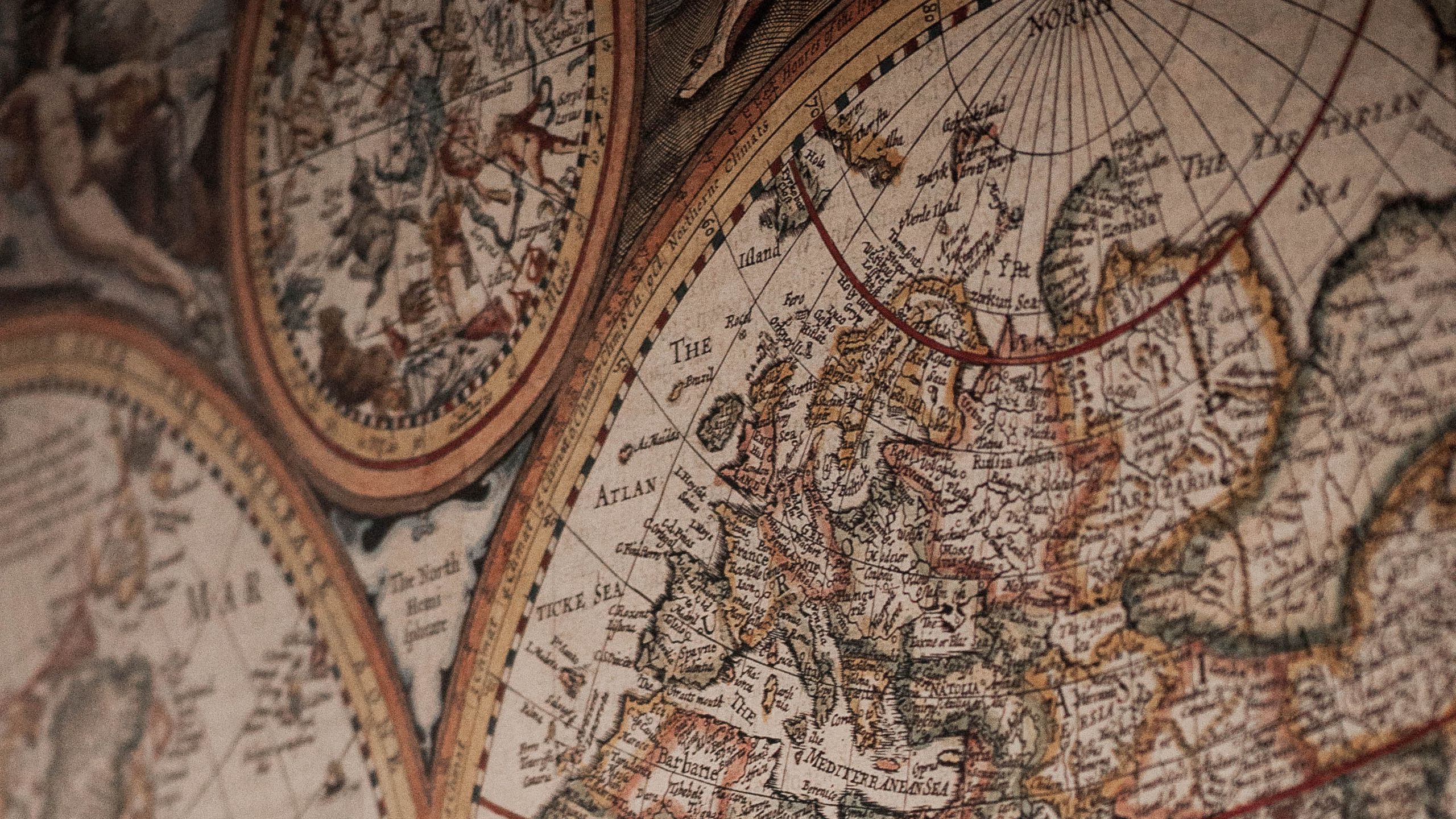Download wallpaper 2560x1440 world map, map, ancient, geography, words widescreen 16:9 HD background