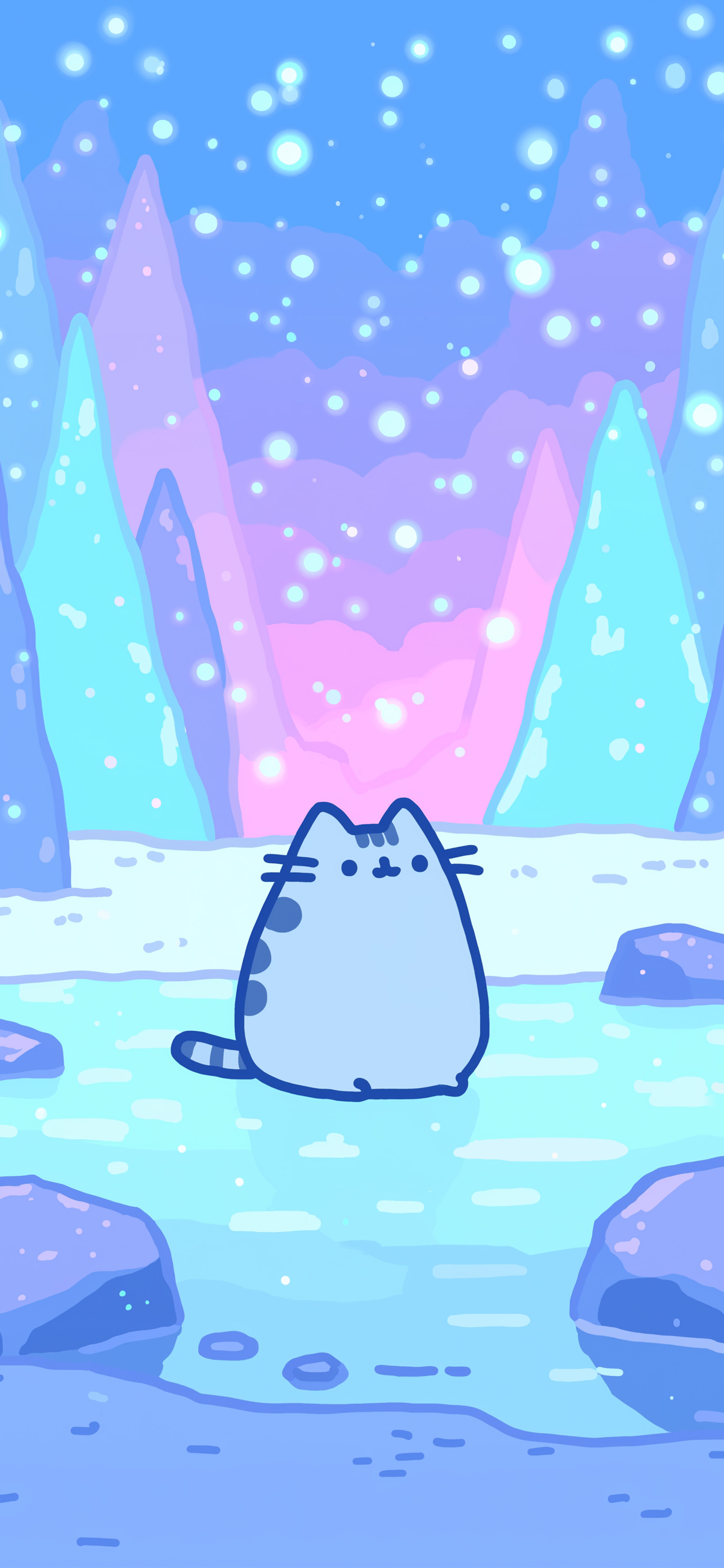 Pusheen Winter Landscape Cute Blue Wallpaper