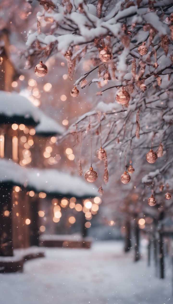 A snowy Christmas scene at twilight where everything sparkles with a rose gold hue. Wallpaper [0de9af896538416281f0]