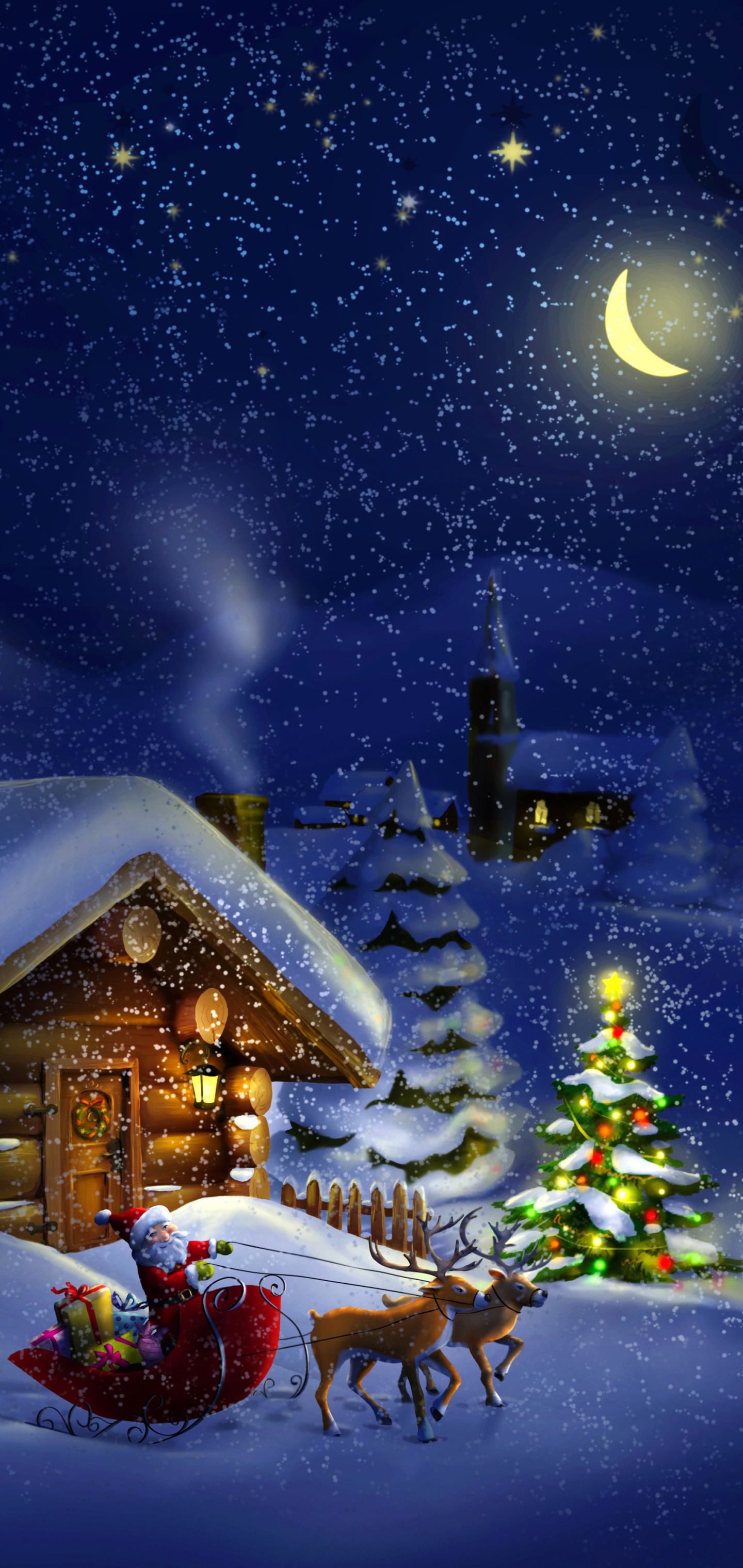 Phone wallpaper: Christmas, Holiday, Cabin, Christmas Tree, Reindeer, Snow, Snowfall, Sleigh, Santa, Night 1359313