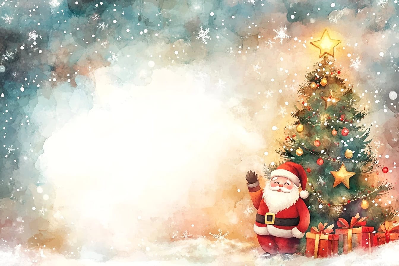 Free picture: Christmas tree with a Santa Claus and a gifts, a watercolor style festive Christmas and New Year's postcard in holiday spirit