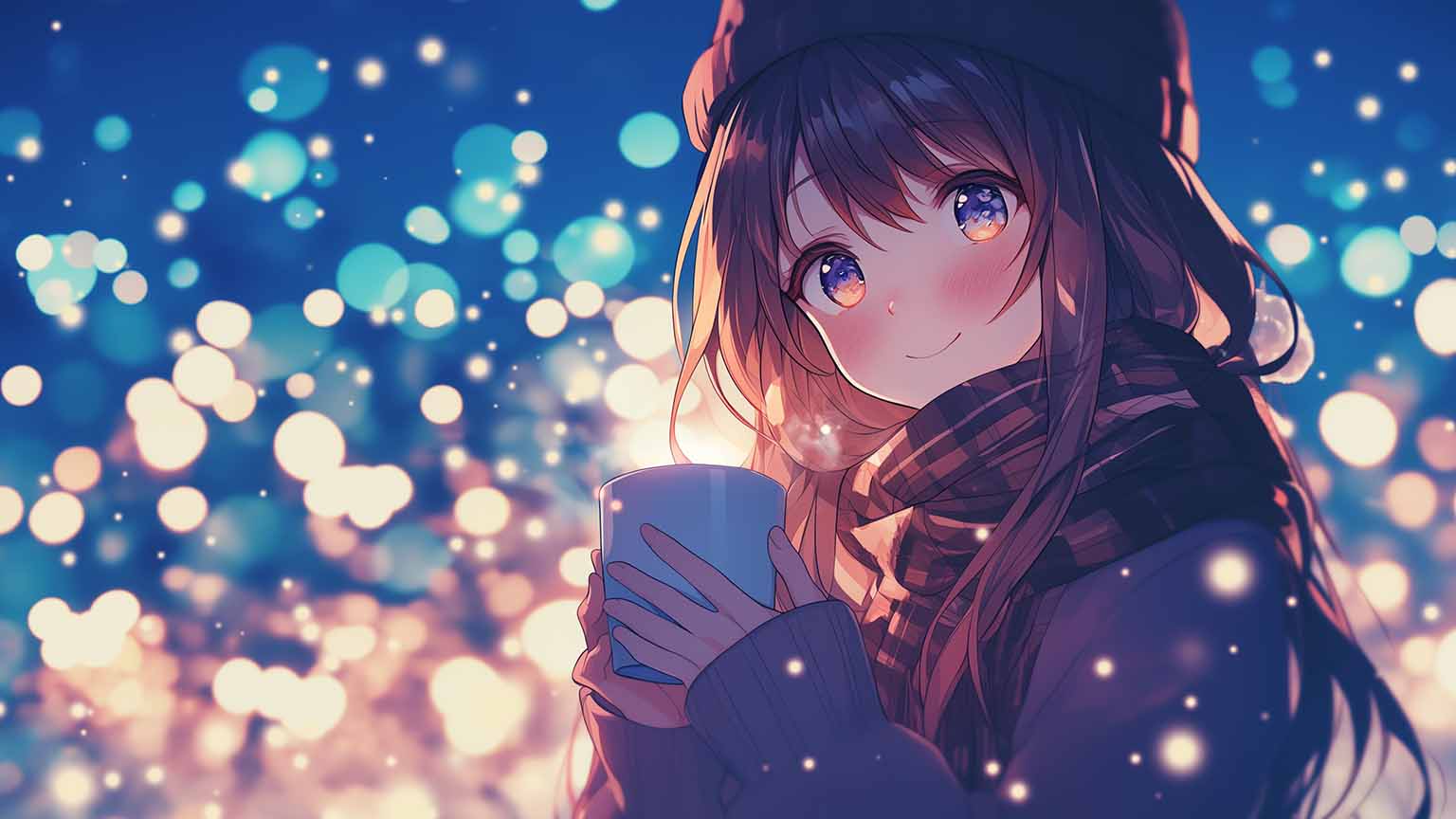 Girl with Mug in Winter Lights Desktop Wallpaper
