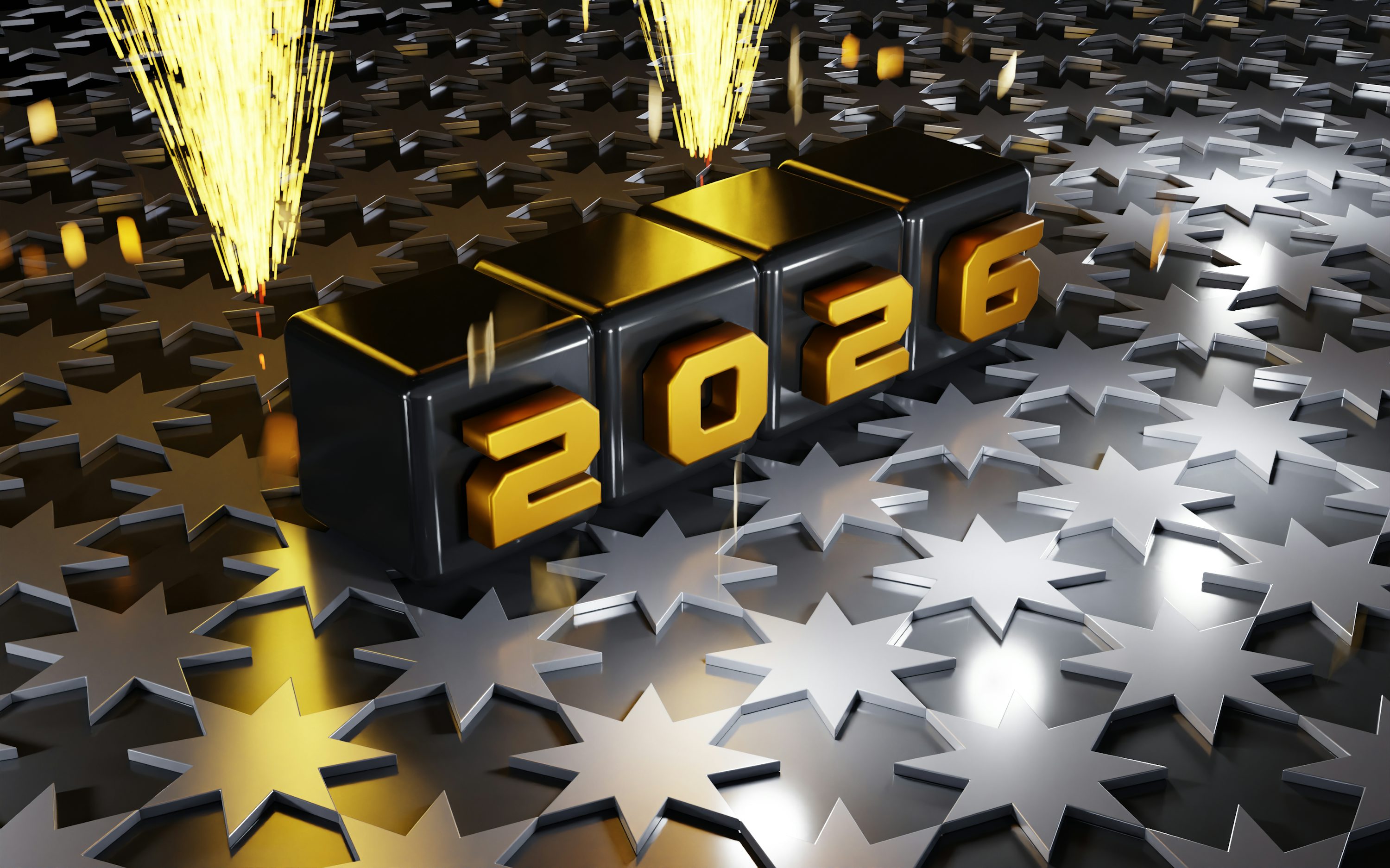 Golden 2026 numbers on metallic gears with sparks photo