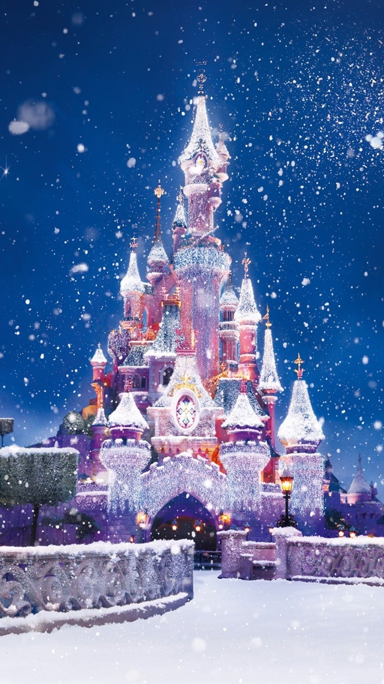 Christmas And New Year, The Disney Castle, Snow Flying 750x1334 IPhone 8 7 6 6S Wallpaper, Background, Picture, Image