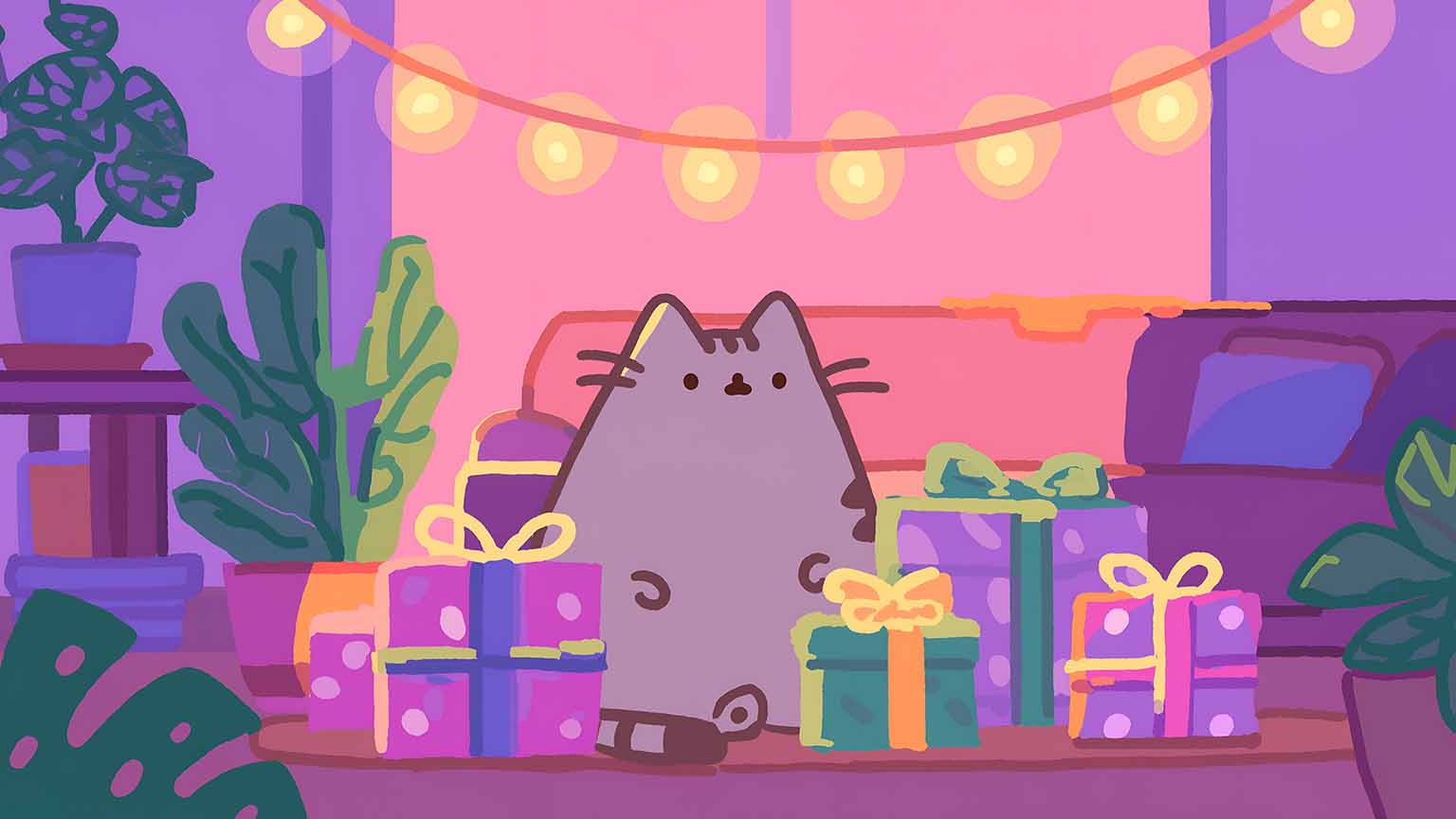 Pusheen Cat Christmas Gifts Winter Lights Desktop Wallpaper