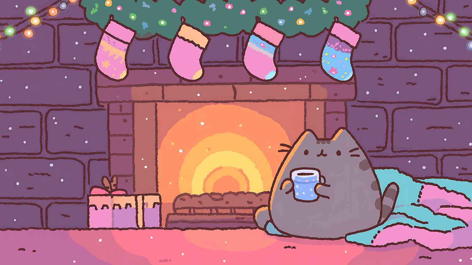 Free Pusheen Cozy Christmas Fireplace Desktop Wallpaper 4k