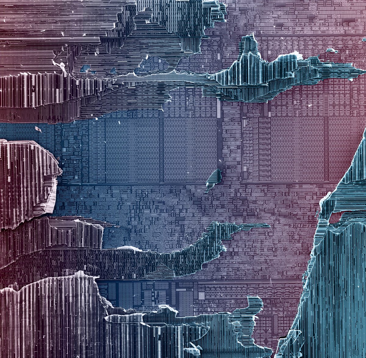 electron microscope image of an old intel celeron processor that has been torn apart