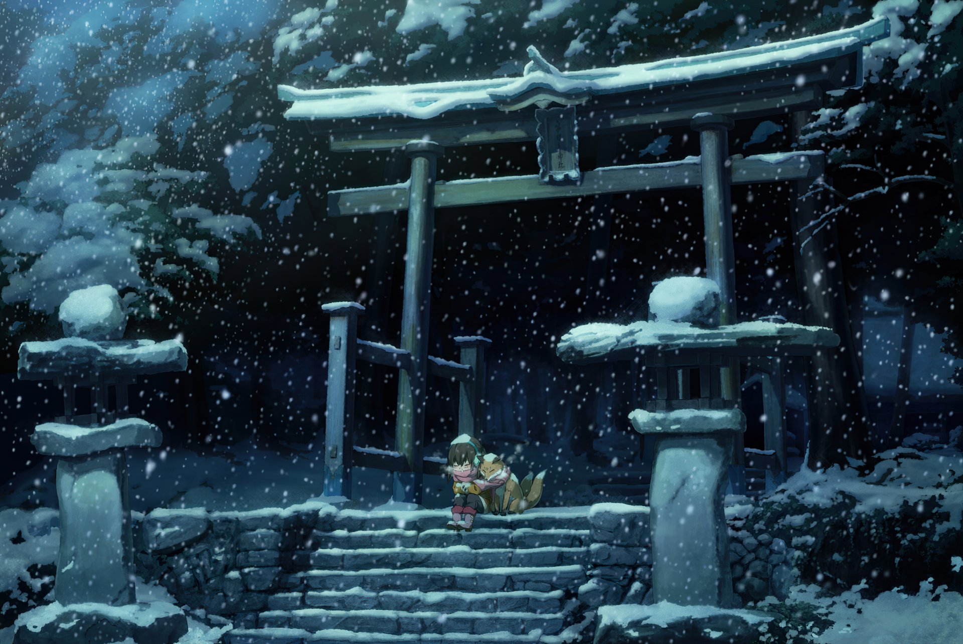 Silent Snowfall at the Anime Torii Shrine