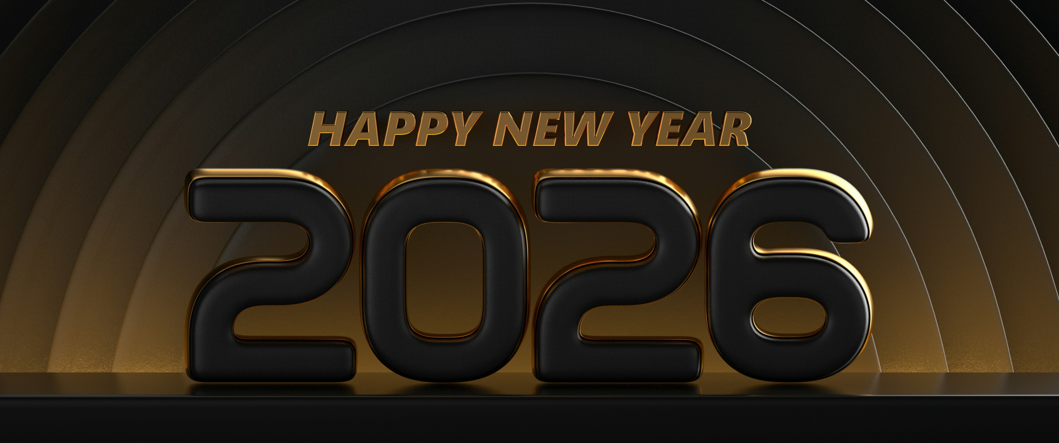 Happy New Year 2026 Wallpaper 4K, Black and gold, 3D text