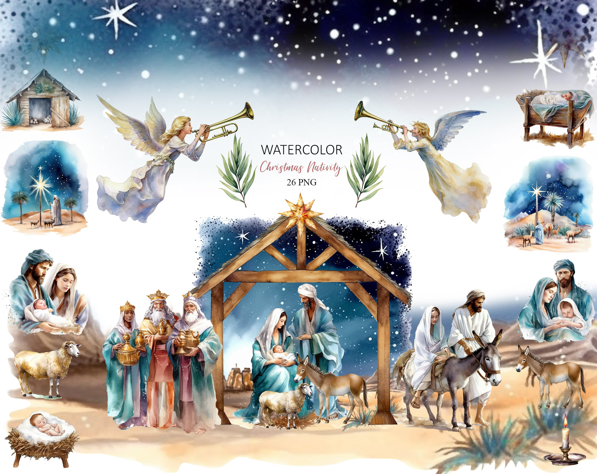 Christmas Nativity Clipart, Watercolor Nativity Scene Clipart, 26 PNG, Christmas Jesus Clipart, Baby Jesus Clipart, Digital Downloads Hong Kong